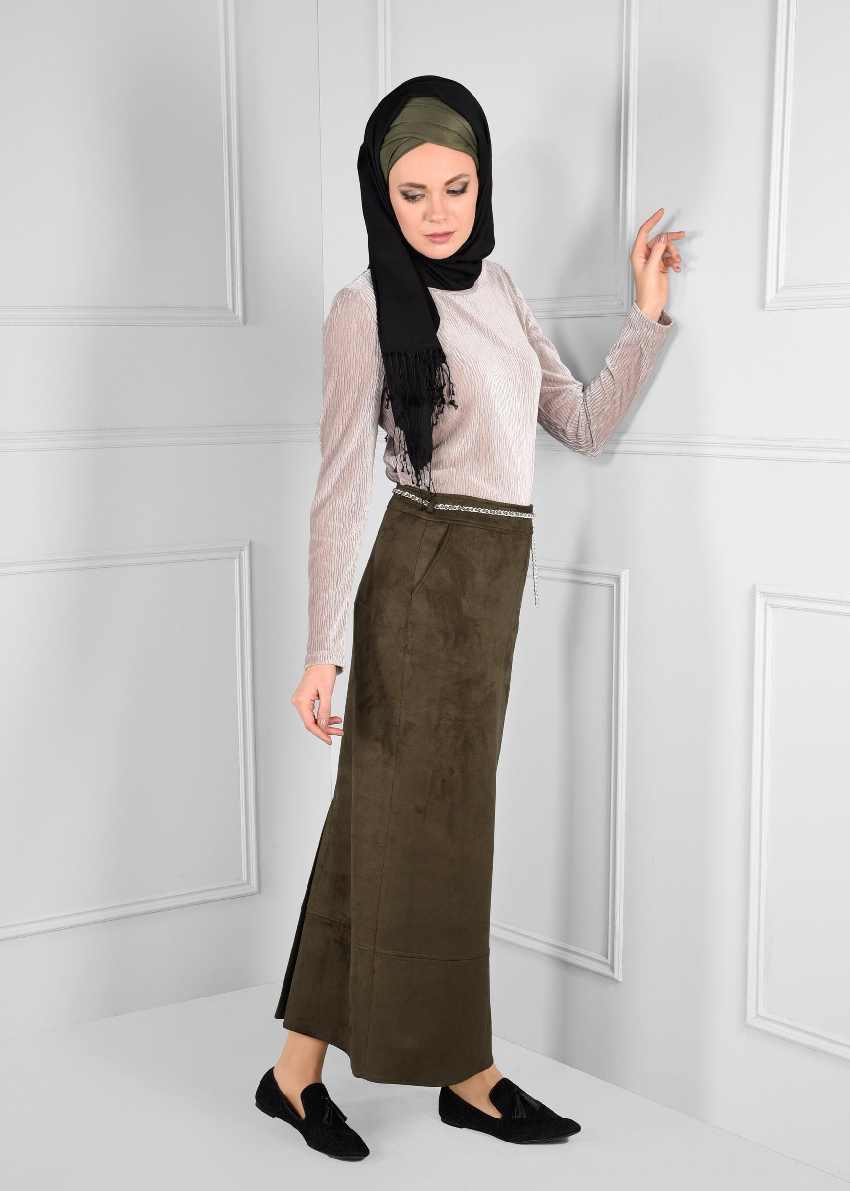 Tesettür giyim HAKİ SÜET ETEK 6125