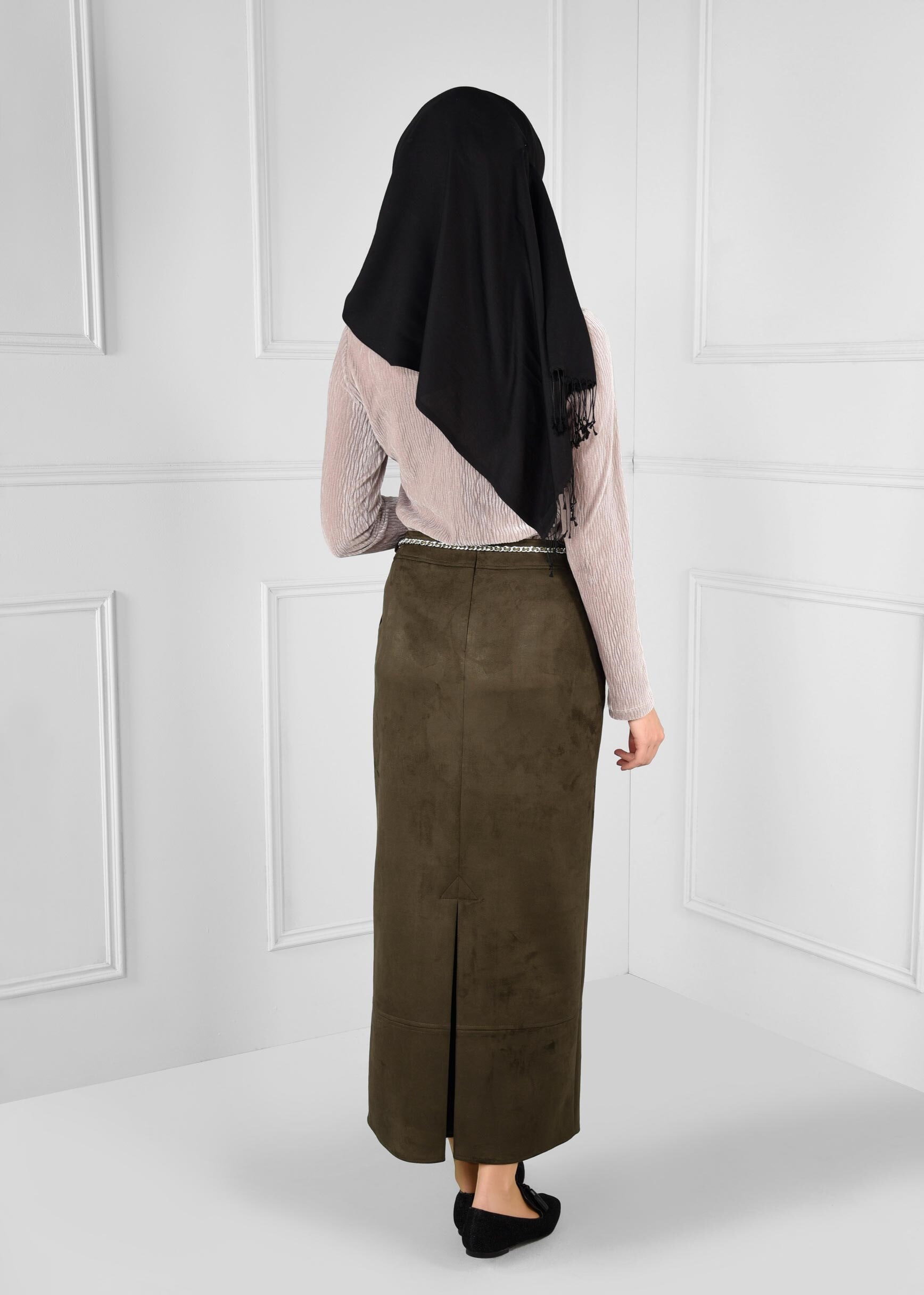 Tesettür giyim HAKİ SÜET ETEK 6125