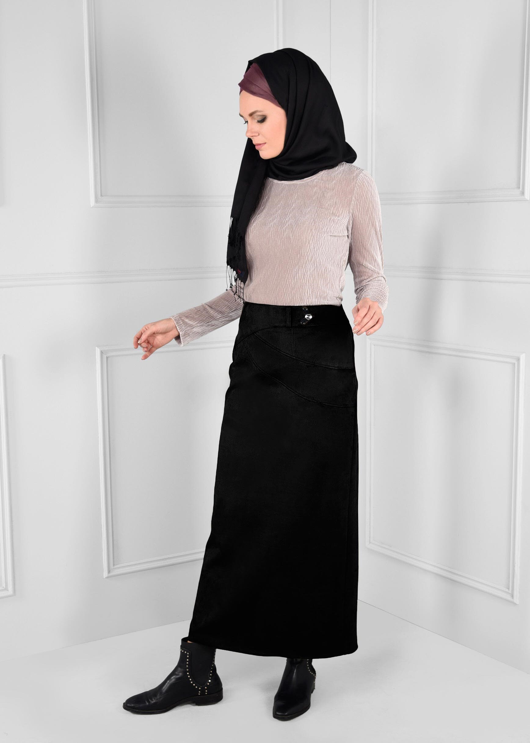 Tesettür giyim SİYAH DÜZ KESİM YÜKSEK BEL SÜET ETEK 6127 