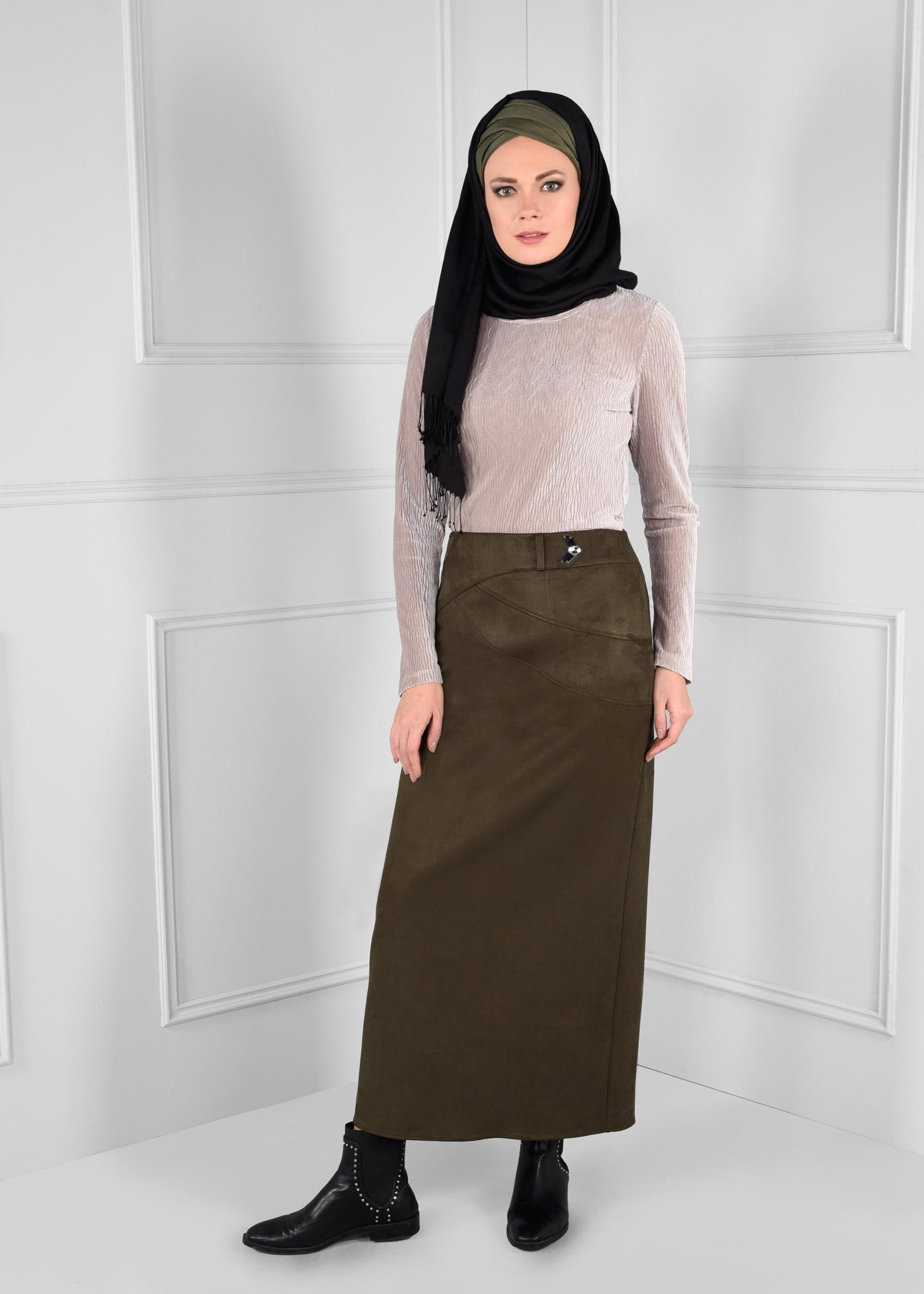 Tesettür giyim HAKİ DÜZ KESİM YÜKSEK BEL SÜET ETEK 6127 