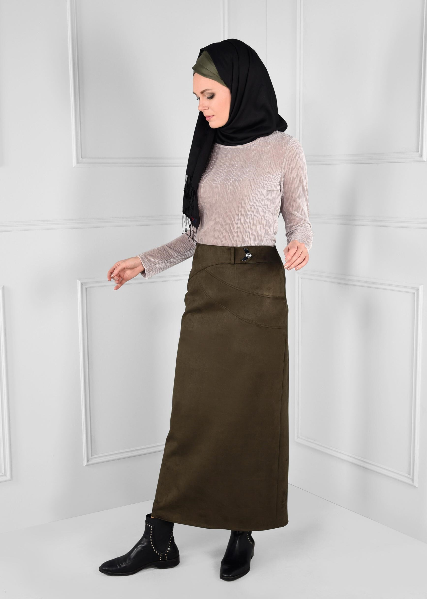 Tesettür giyim HAKİ DÜZ KESİM YÜKSEK BEL SÜET ETEK 6127 