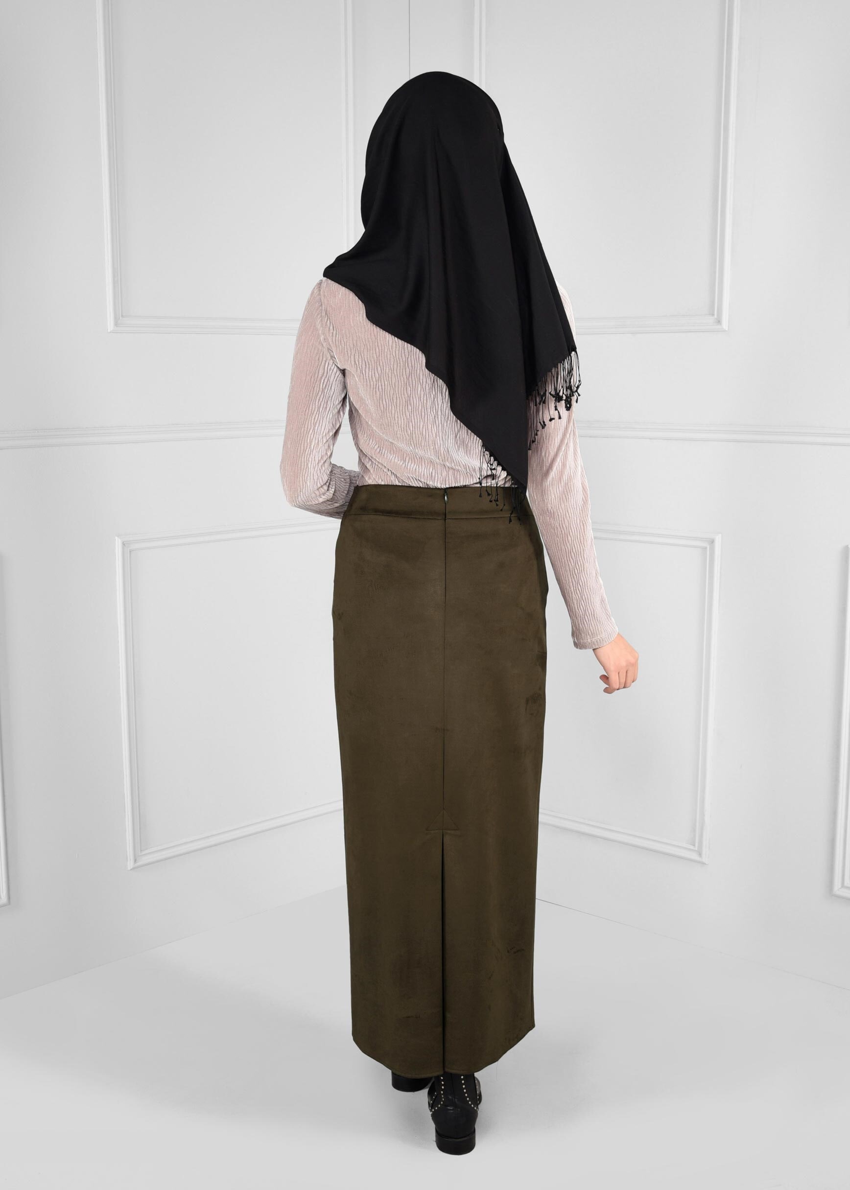 Tesettür giyim HAKİ DÜZ KESİM YÜKSEK BEL SÜET ETEK 6127 