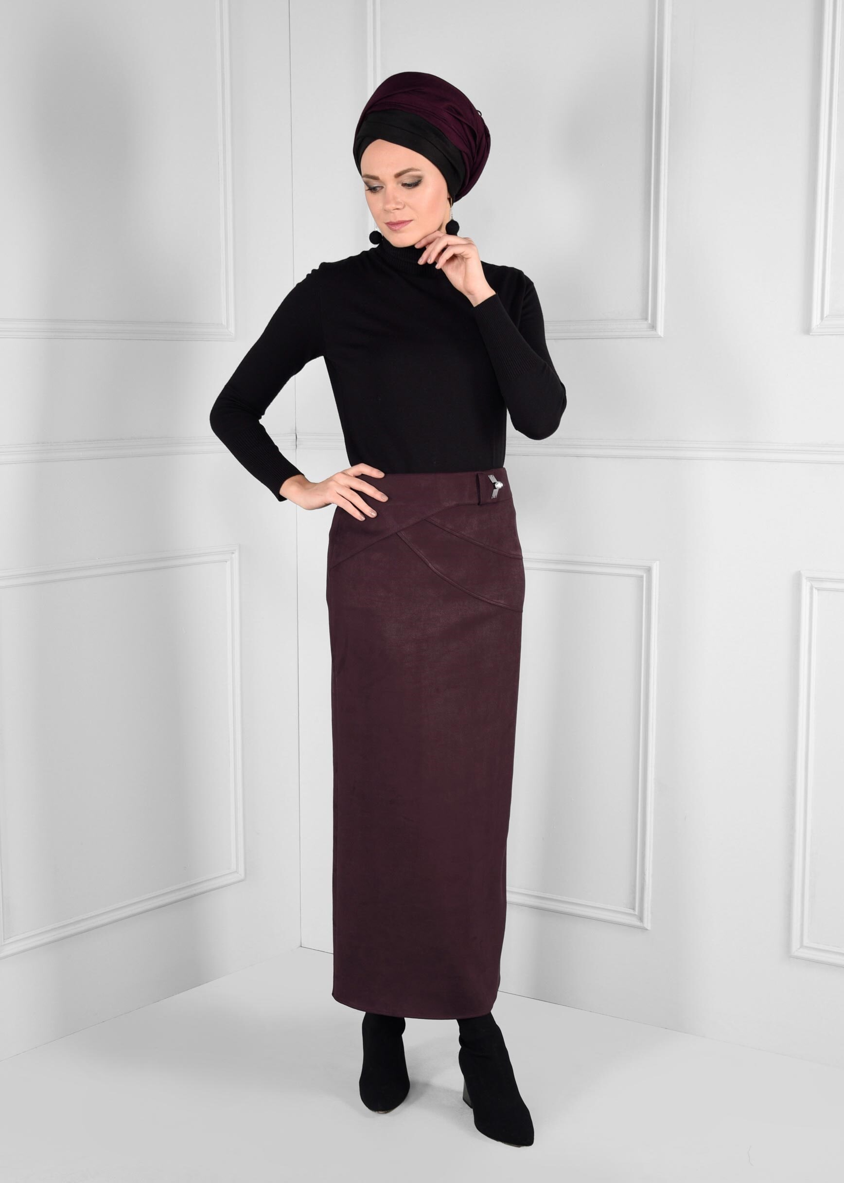 Tesettür giyim MÜRDÜM DÜZ KESİM YÜKSEK BEL SÜET ETEK 6127 