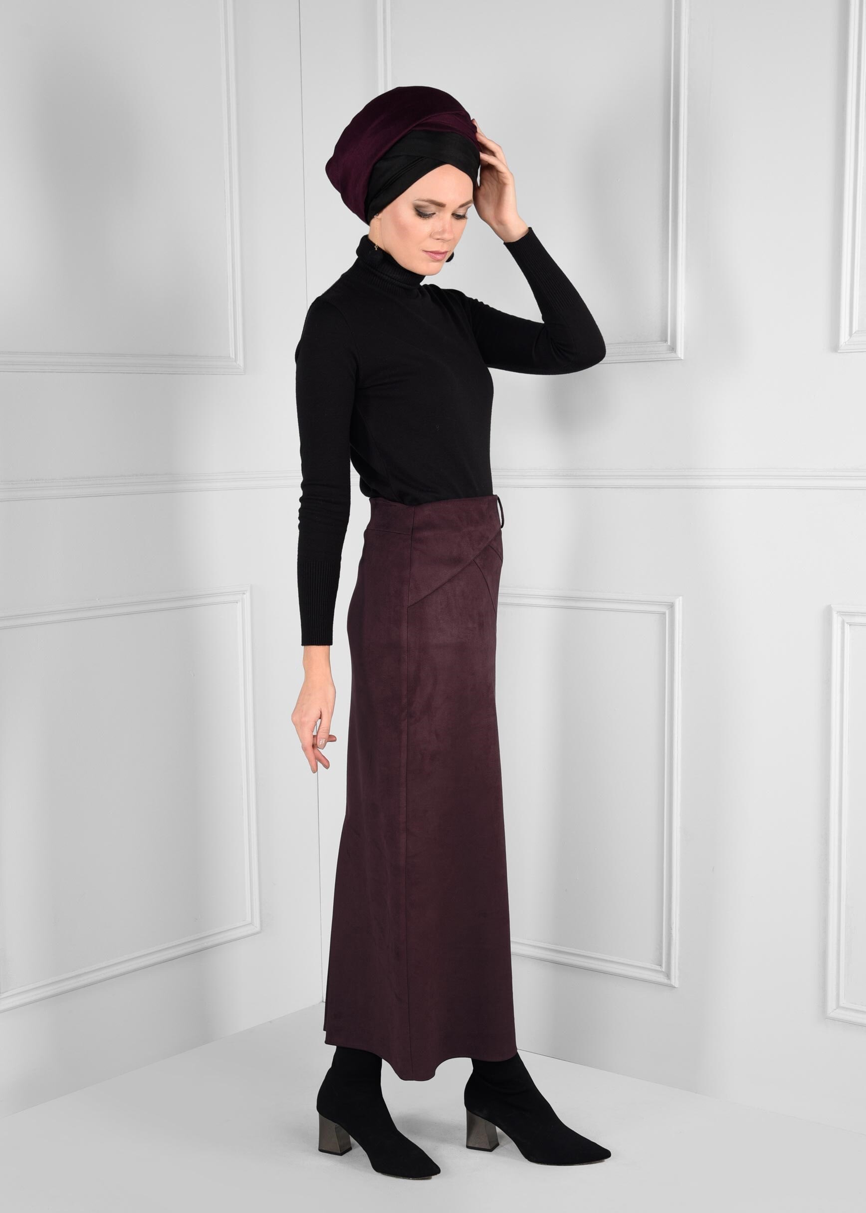 Tesettür giyim MÜRDÜM DÜZ KESİM YÜKSEK BEL SÜET ETEK 6127 