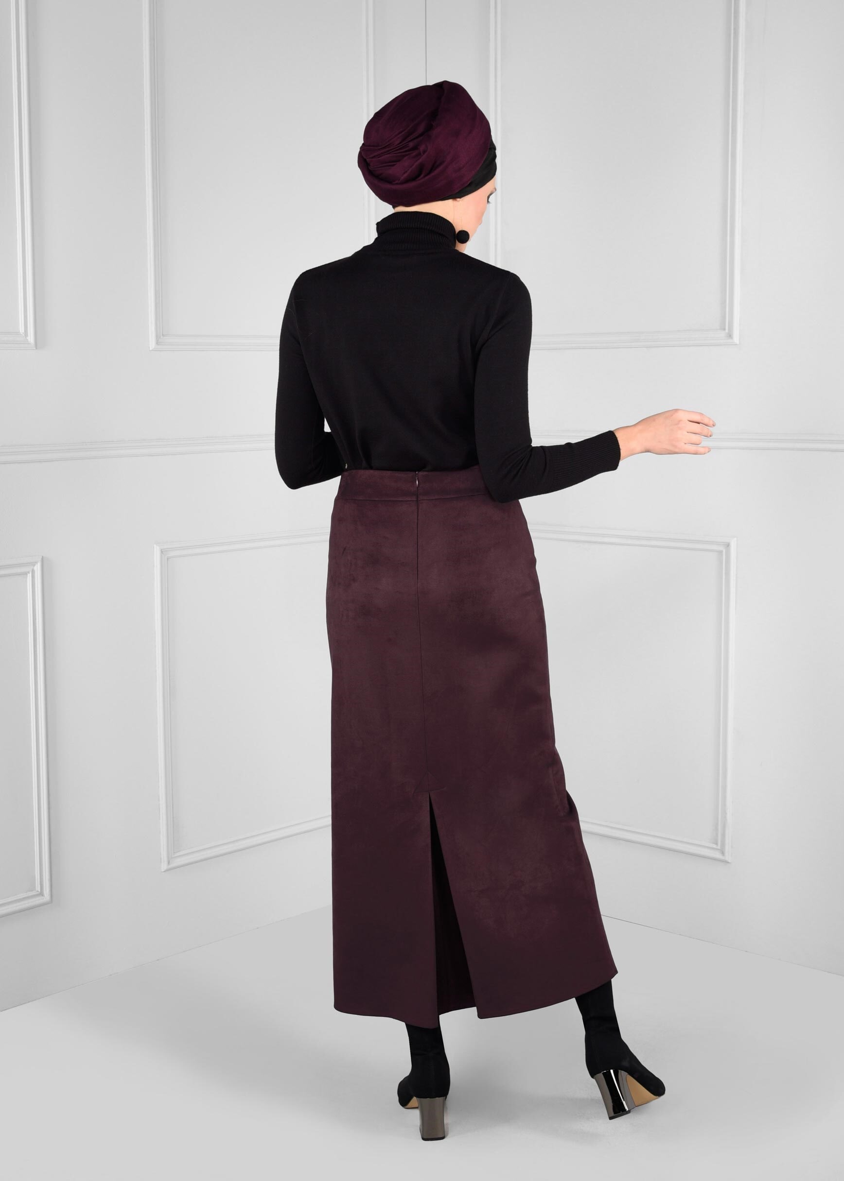 Tesettür giyim MÜRDÜM DÜZ KESİM YÜKSEK BEL SÜET ETEK 6127 