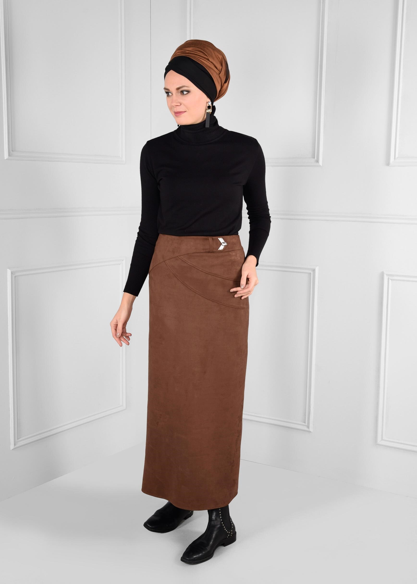 Tesettür giyim TABA DÜZ KESİM YÜKSEK BEL SÜET ETEK 6127 