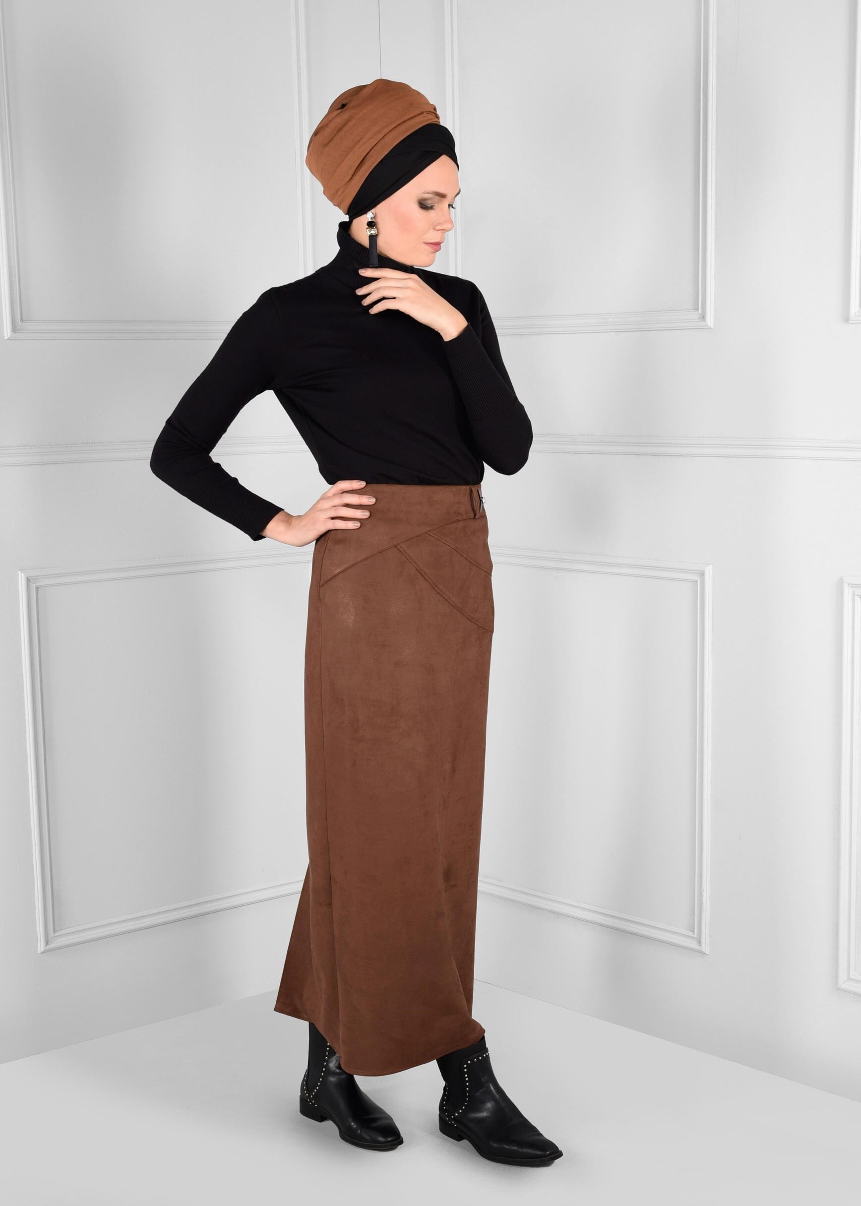 Tesettür giyim TABA DÜZ KESİM YÜKSEK BEL SÜET ETEK 6127 