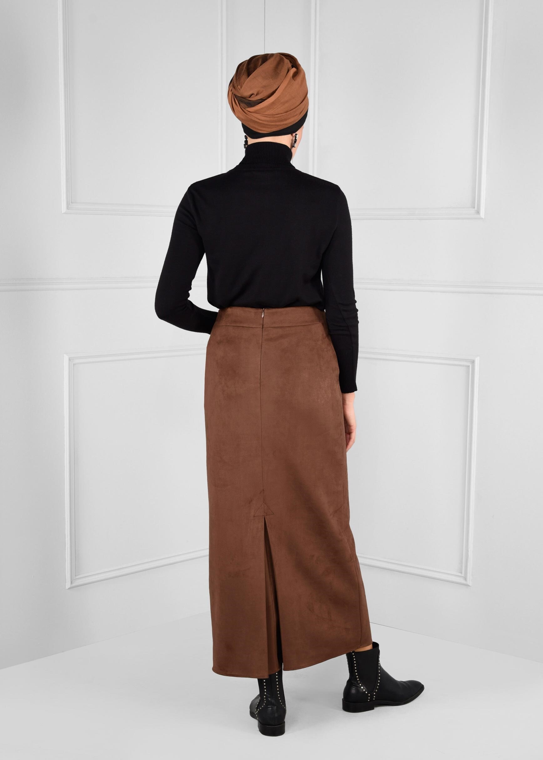 Tesettür giyim TABA DÜZ KESİM YÜKSEK BEL SÜET ETEK 6127 