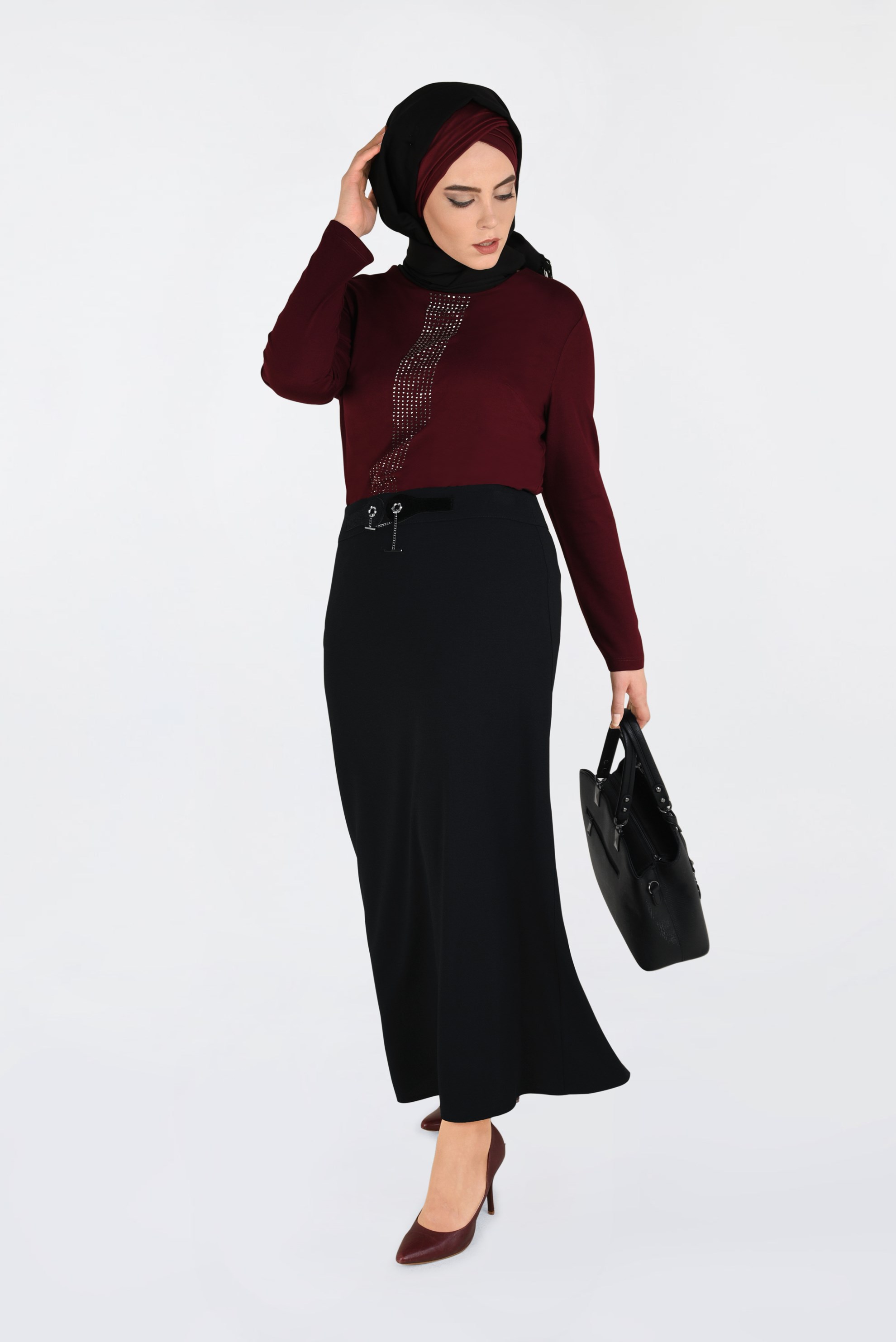 Tesettür giyim SİYAH BELİ KEMER DETAYLI GİZLİ YIRTMAÇLI ETEK 6128