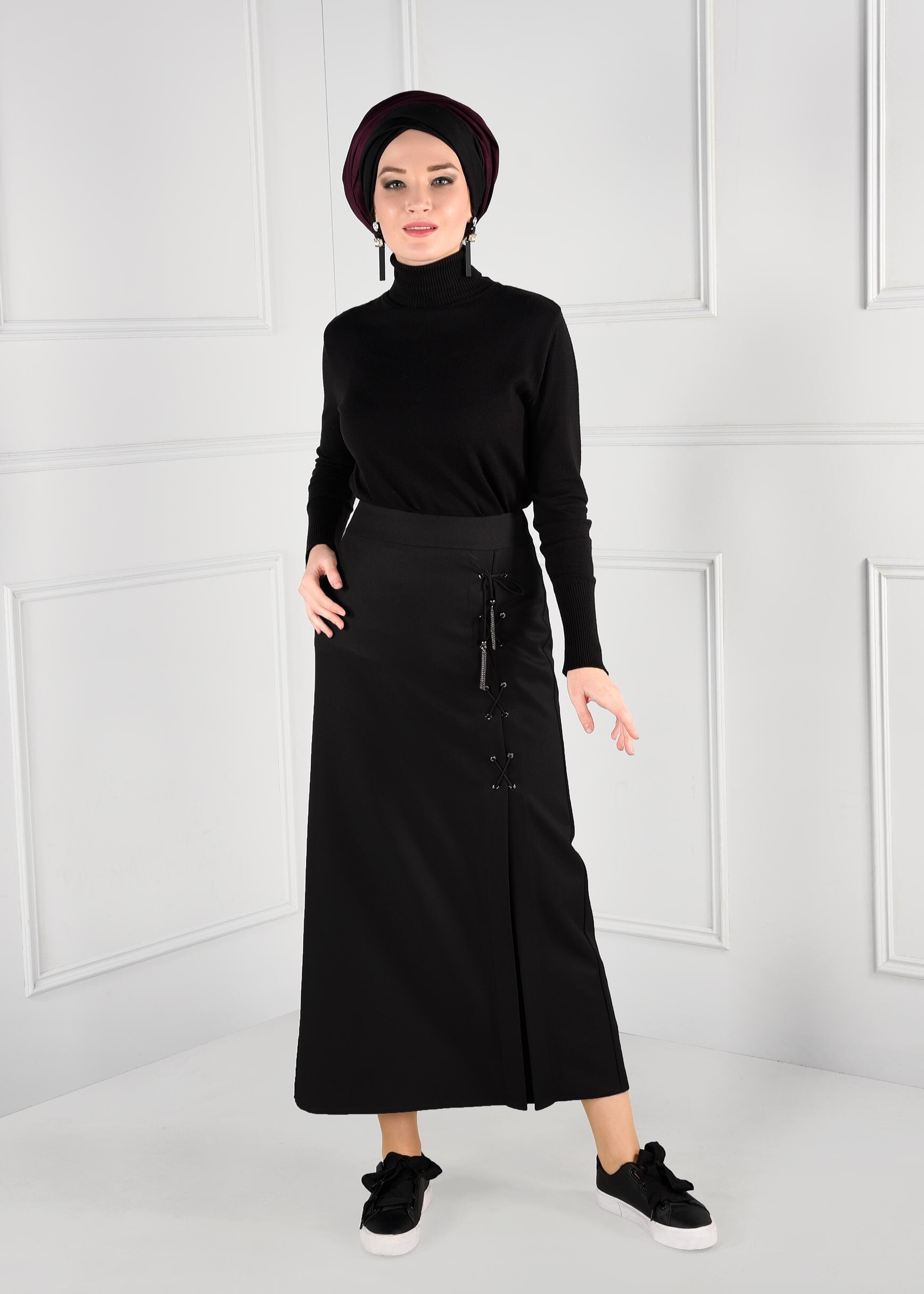 Tesettür giyim SİYAH KUŞ GÖZÜ BAĞCIKLI YÜKSEK BEL ETEK 6131