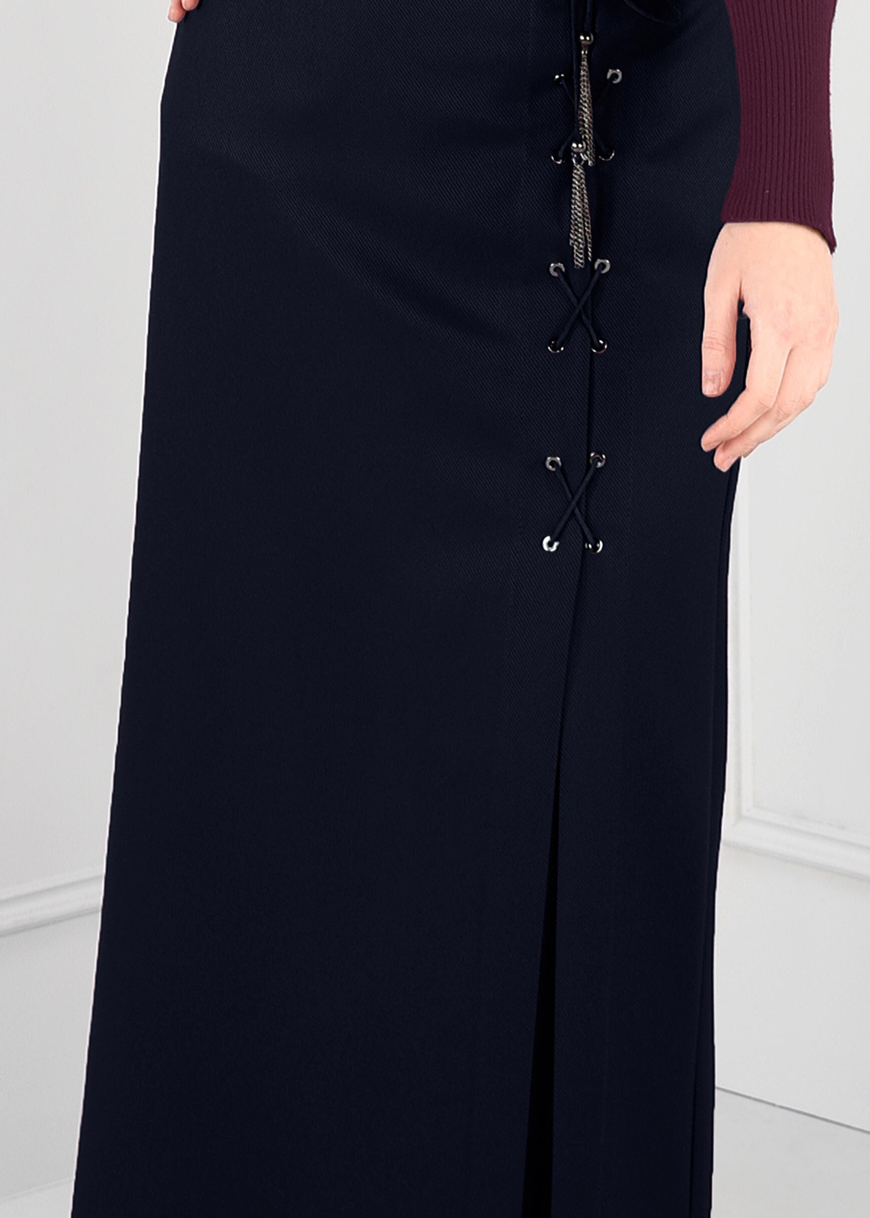 Tesettür giyim LACİVERT KUŞ GÖZÜ BAĞCIKLI YÜKSEK BEL ETEK 6131