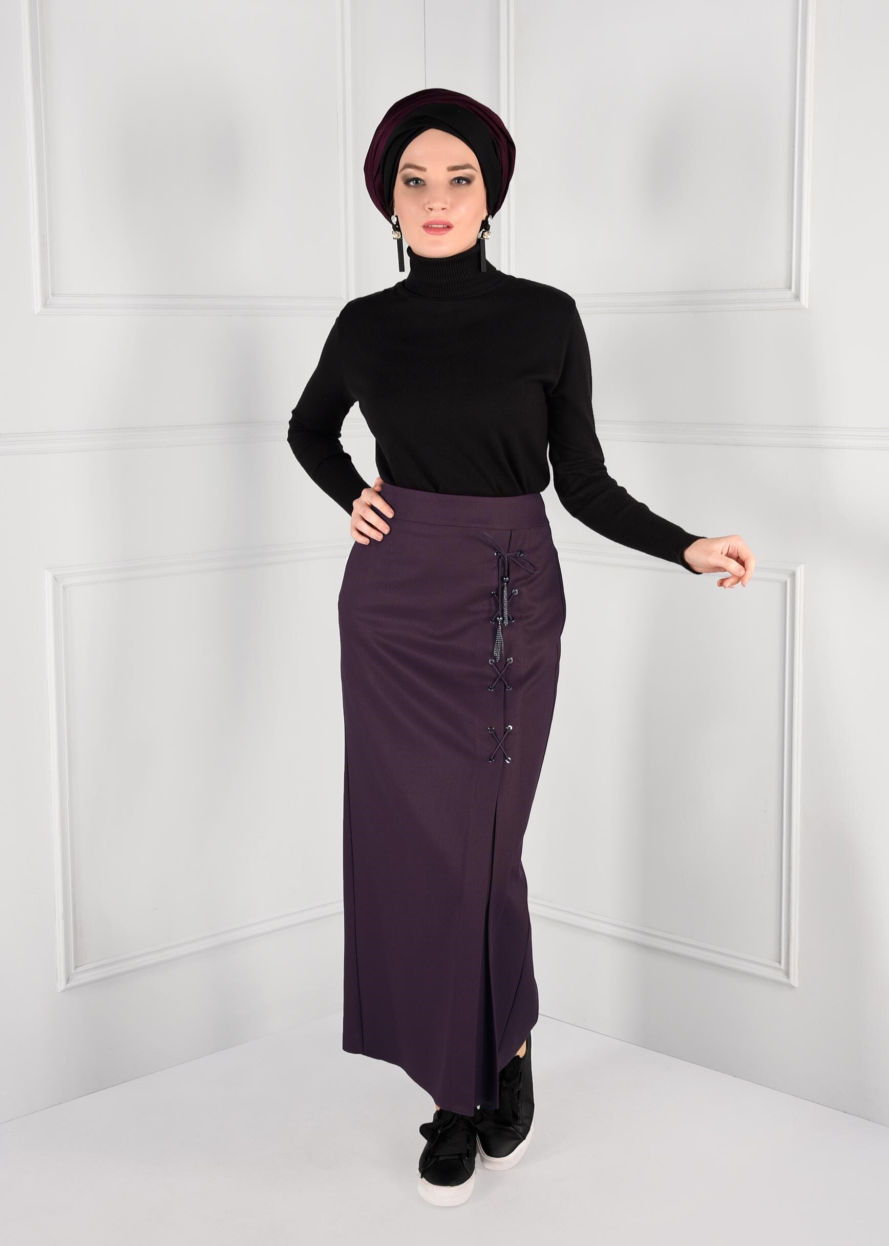 Tesettür giyim MÜRDÜM KUŞ GÖZÜ BAĞCIKLI YÜKSEK BEL ETEK 6131