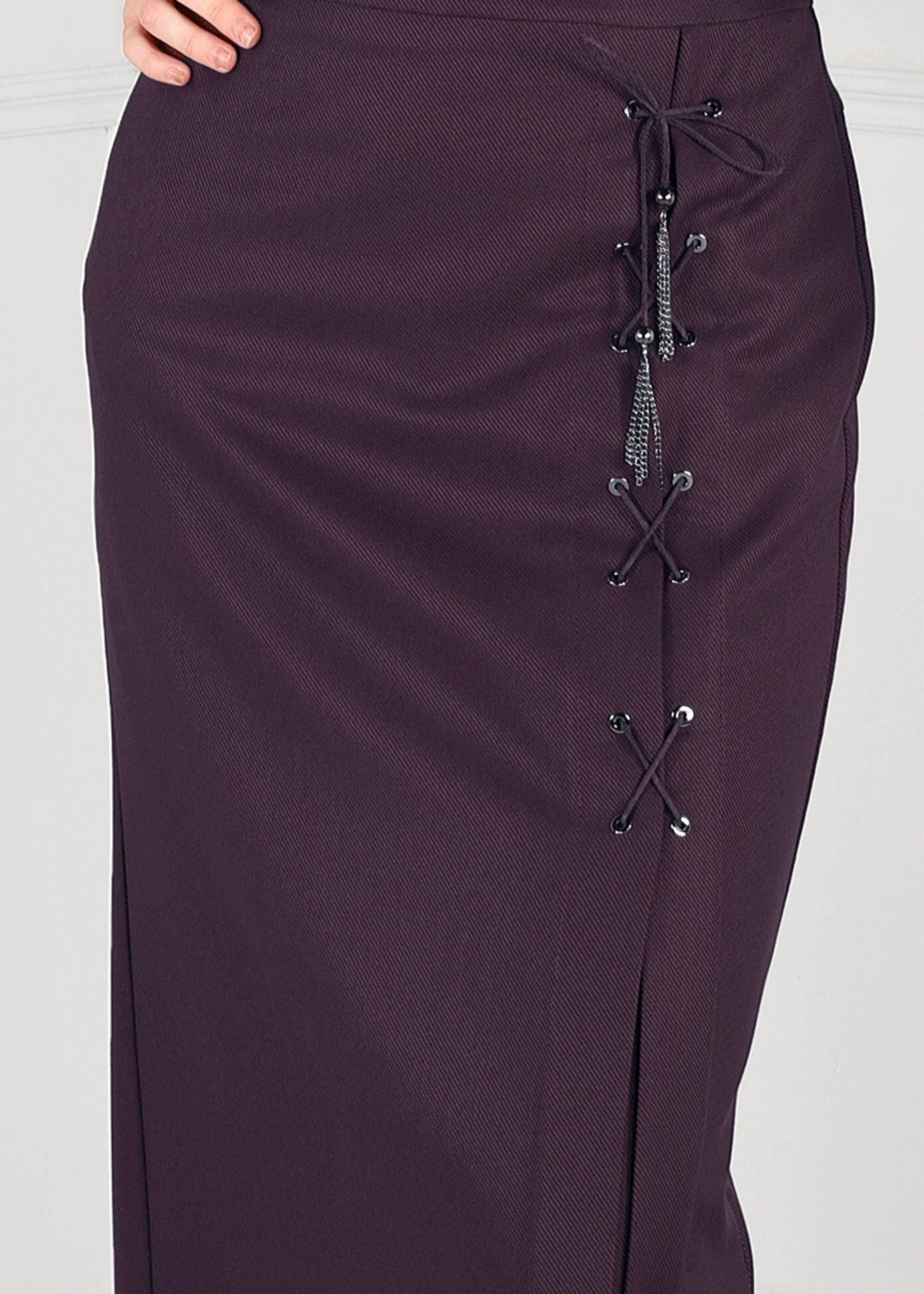 Tesettür giyim MÜRDÜM KUŞ GÖZÜ BAĞCIKLI YÜKSEK BEL ETEK 6131