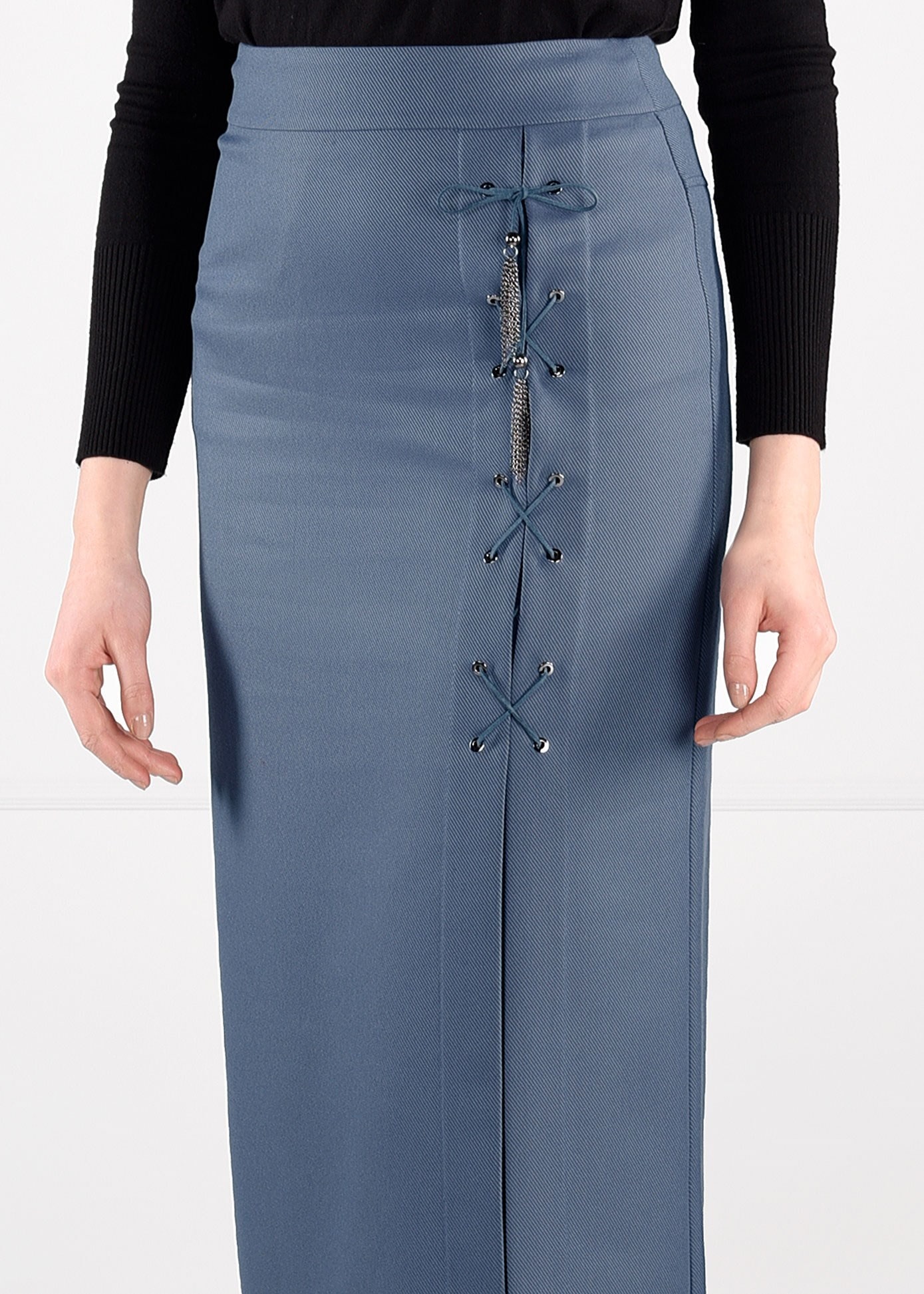 Tesettür giyim MAVİ KUŞ GÖZÜ BAĞCIKLI YÜKSEK BEL ETEK 6131