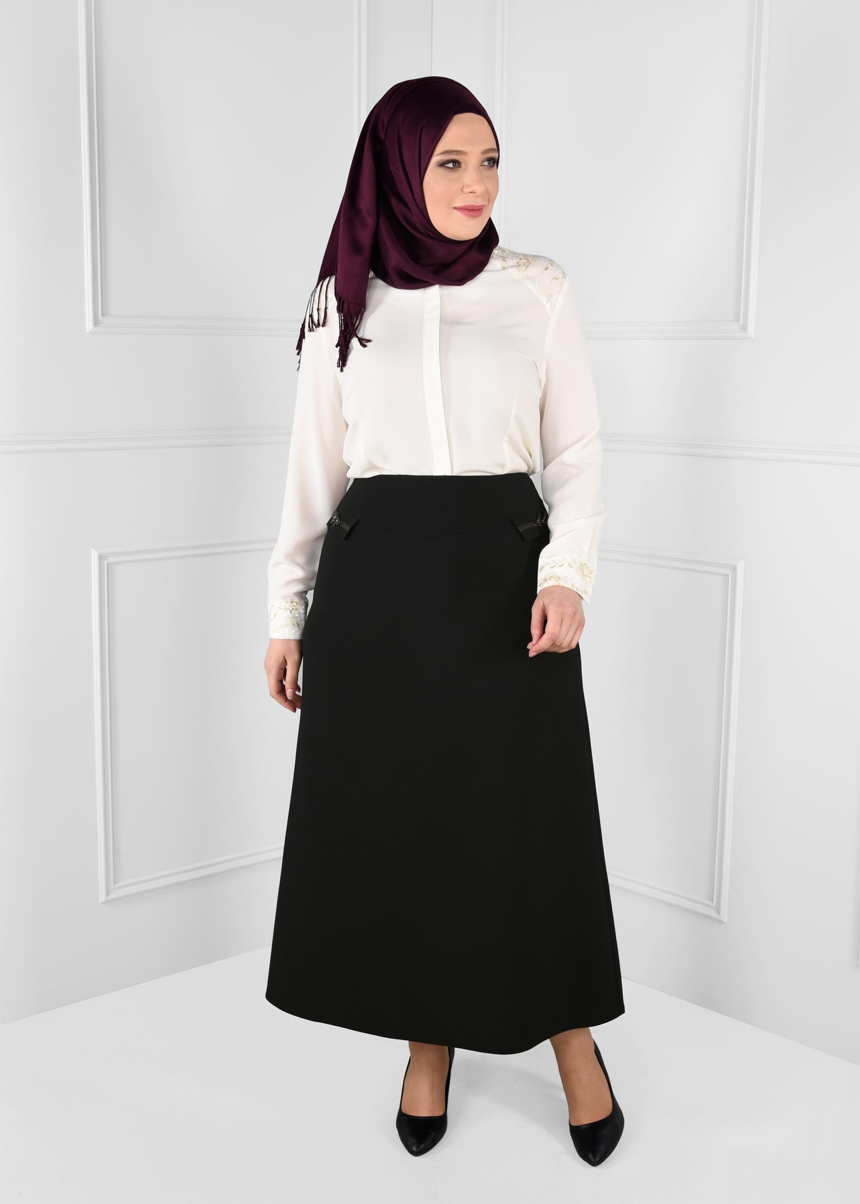 Tesettür giyim SİYAH YÜKSEK BEL A KESİM NAKIŞ DETAYLI ETEK 6132