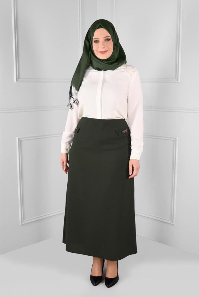 Tesettür giyim HAKİ YÜKSEK BEL A KESİM NAKIŞ DETAYLI ETEK 6132 - ALVİNA