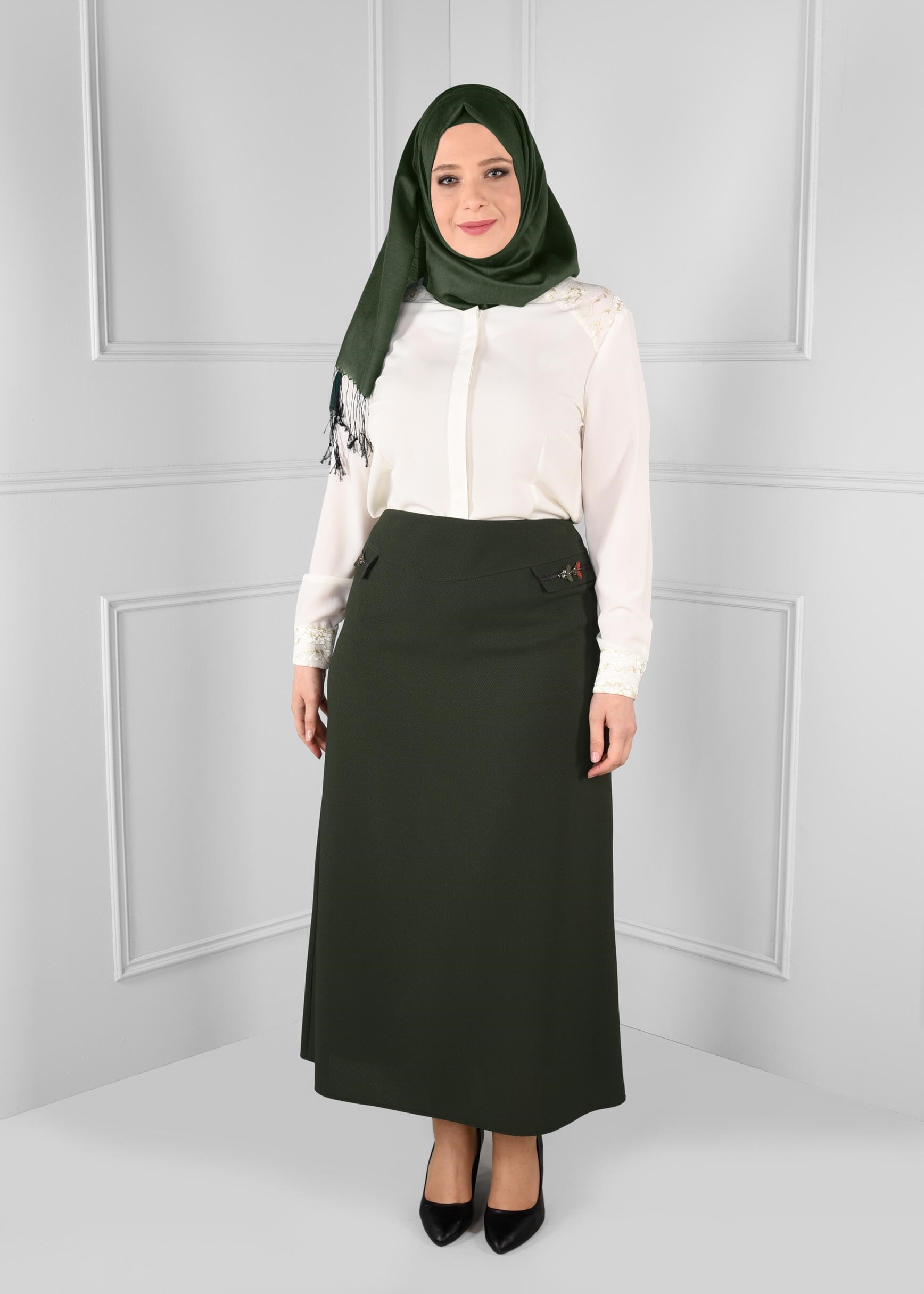 Tesettür giyim HAKİ YÜKSEK BEL A KESİM NAKIŞ DETAYLI ETEK 6132