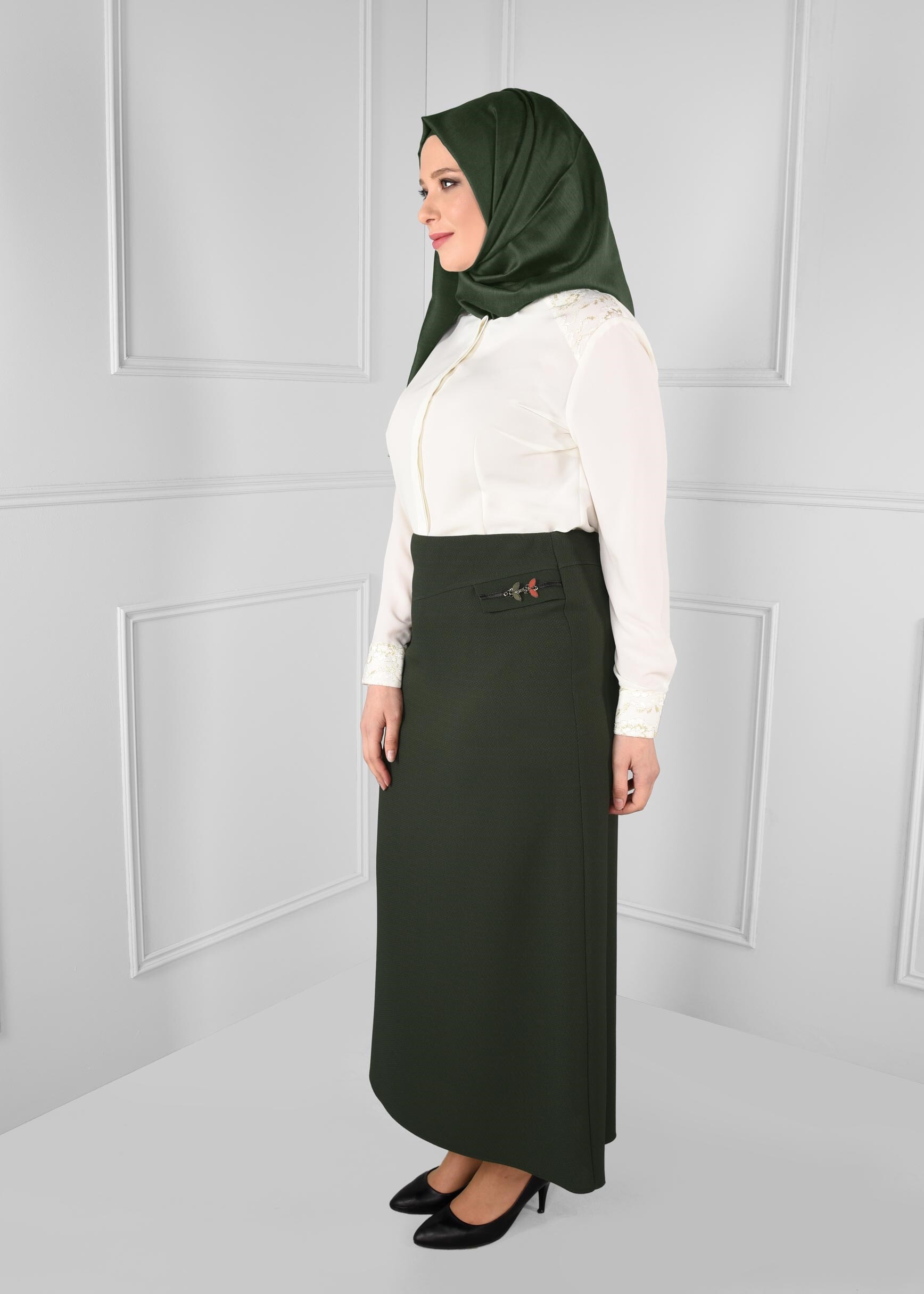 Tesettür giyim HAKİ YÜKSEK BEL A KESİM NAKIŞ DETAYLI ETEK 6132