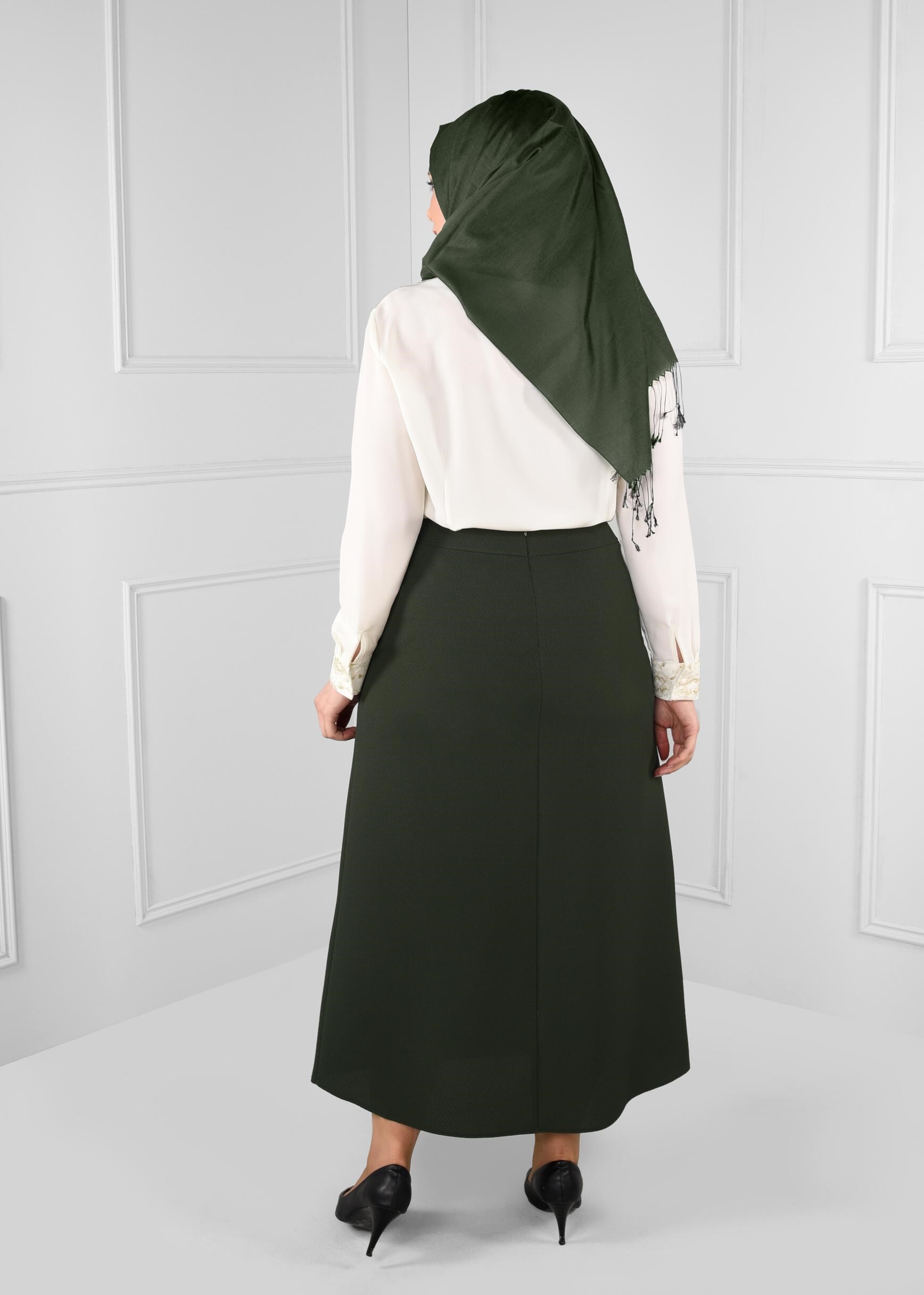 Tesettür giyim HAKİ YÜKSEK BEL A KESİM NAKIŞ DETAYLI ETEK 6132