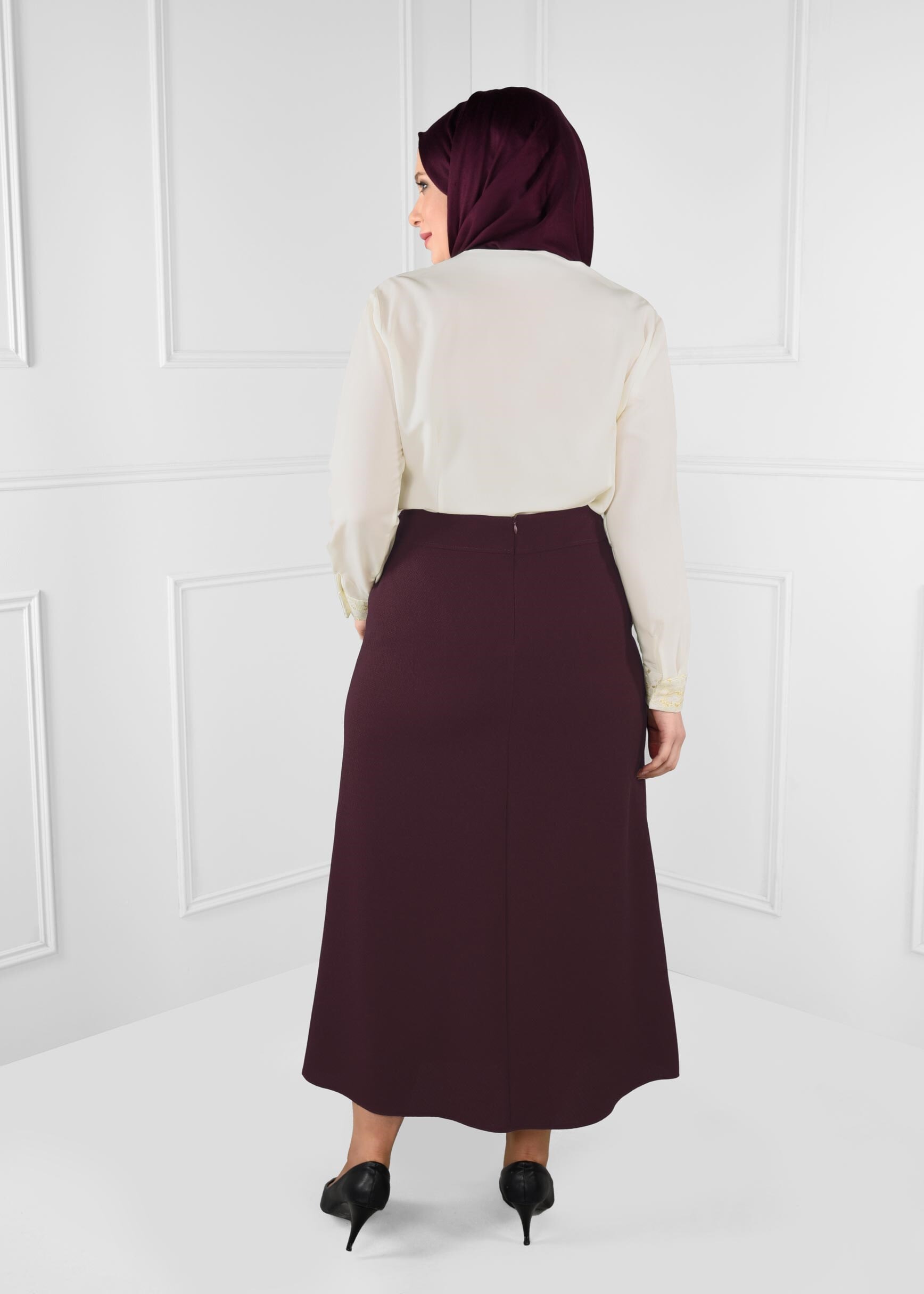 Tesettür giyim MÜRDÜM YÜKSEK BEL A KESİM NAKIŞ DETAYLI ETEK 6132