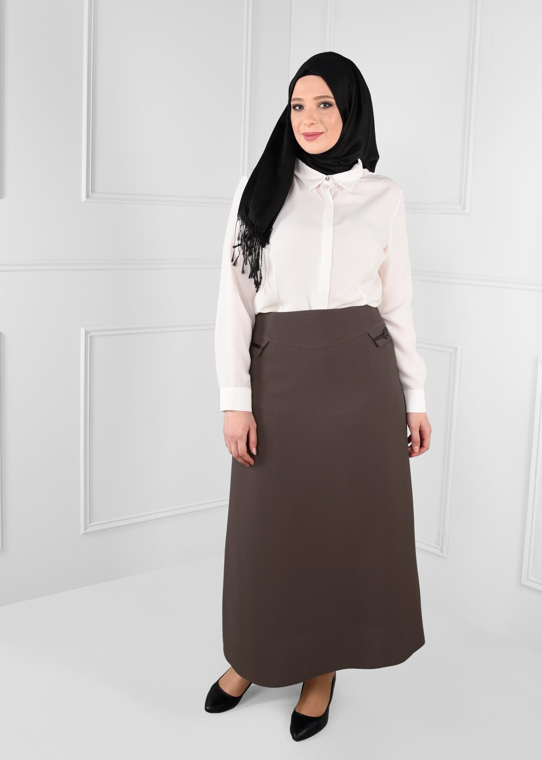 Tesettür giyim VİZON YÜKSEK BEL A KESİM NAKIŞ DETAYLI ETEK 6132