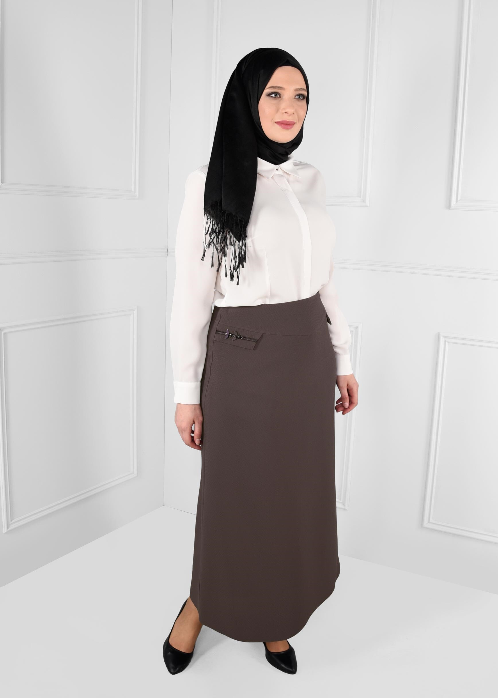 Tesettür giyim VİZON YÜKSEK BEL A KESİM NAKIŞ DETAYLI ETEK 6132