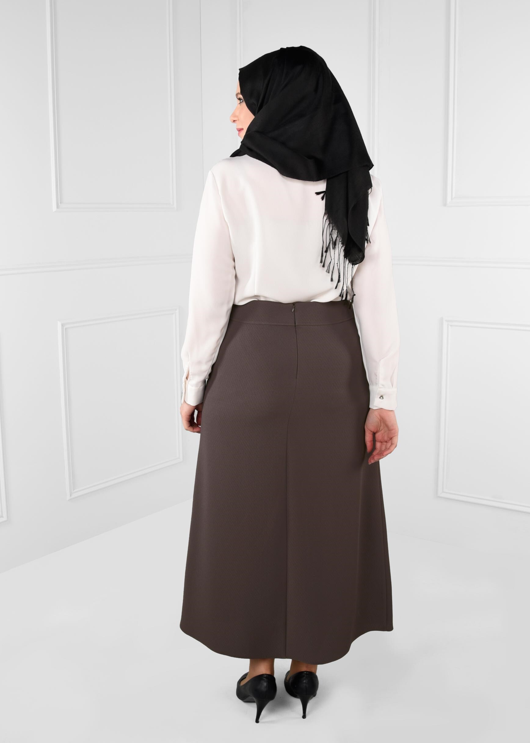 Tesettür giyim VİZON YÜKSEK BEL A KESİM NAKIŞ DETAYLI ETEK 6132