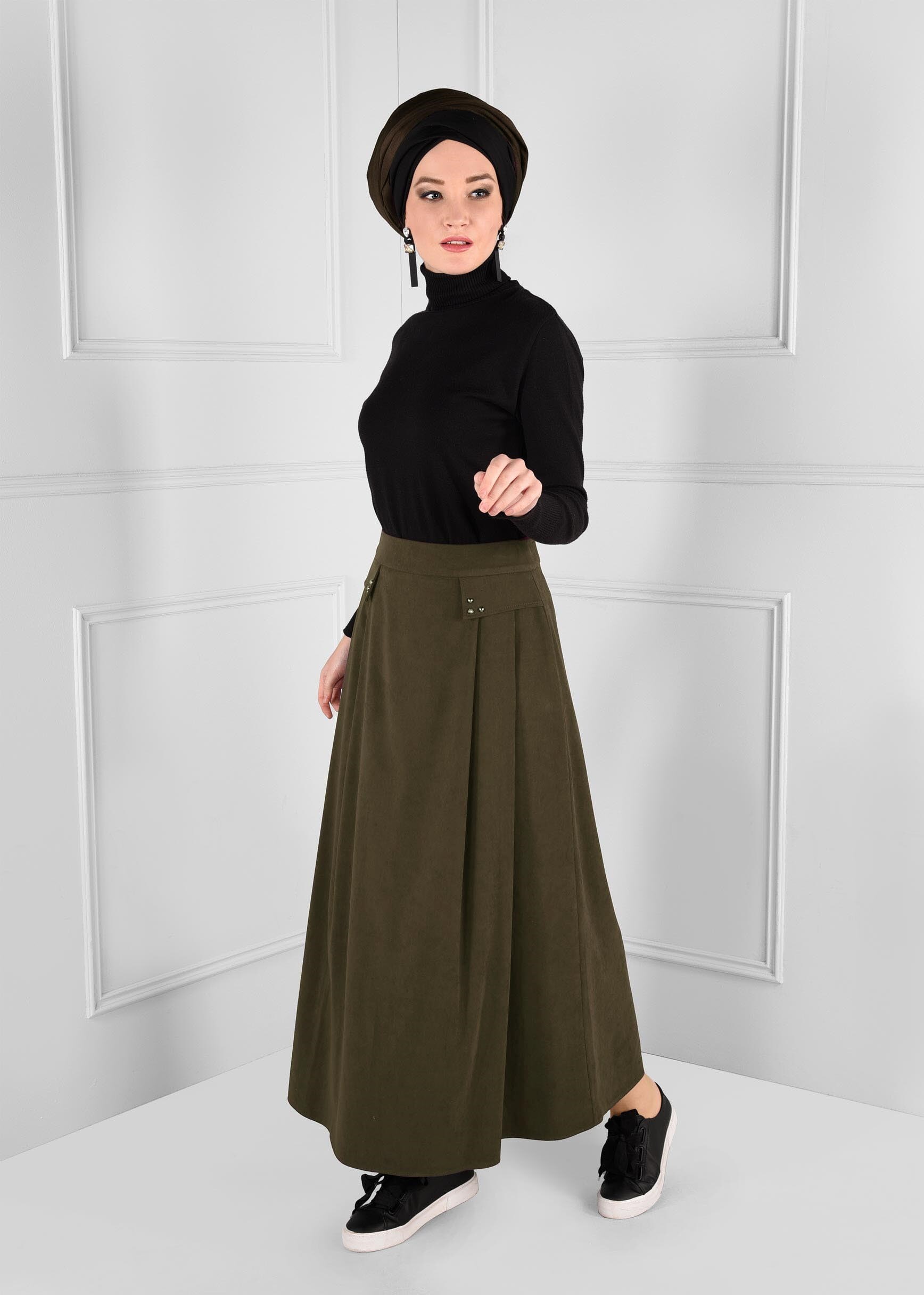 Tesettür giyim HAKİ ZIMBA DETAYLI KLOŞ SÜET ETEK 6134