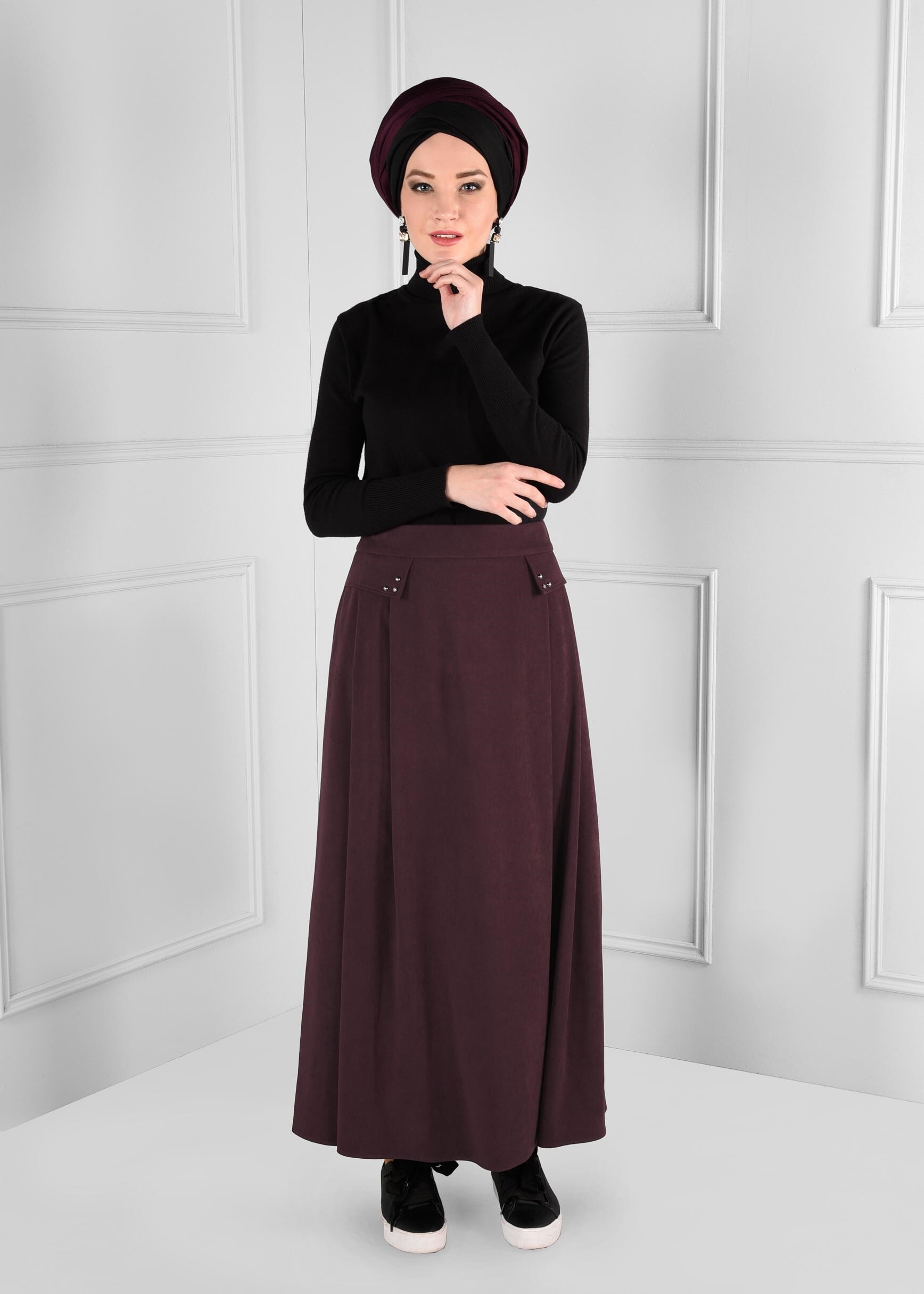 Tesettür giyim BORDO ZIMBA DETAYLI KLOŞ SÜET ETEK 6134