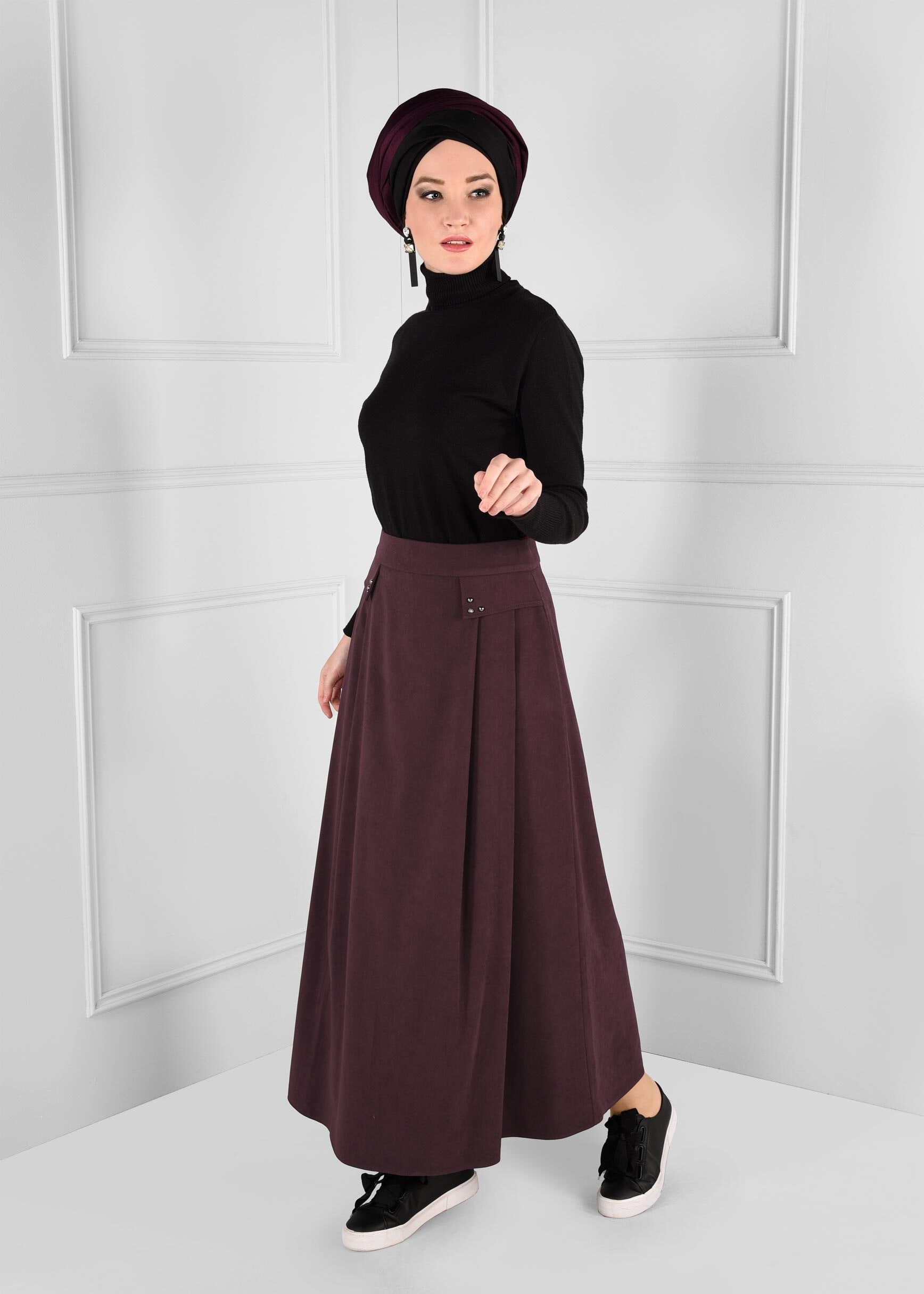 Tesettür giyim BORDO ZIMBA DETAYLI KLOŞ SÜET ETEK 6134
