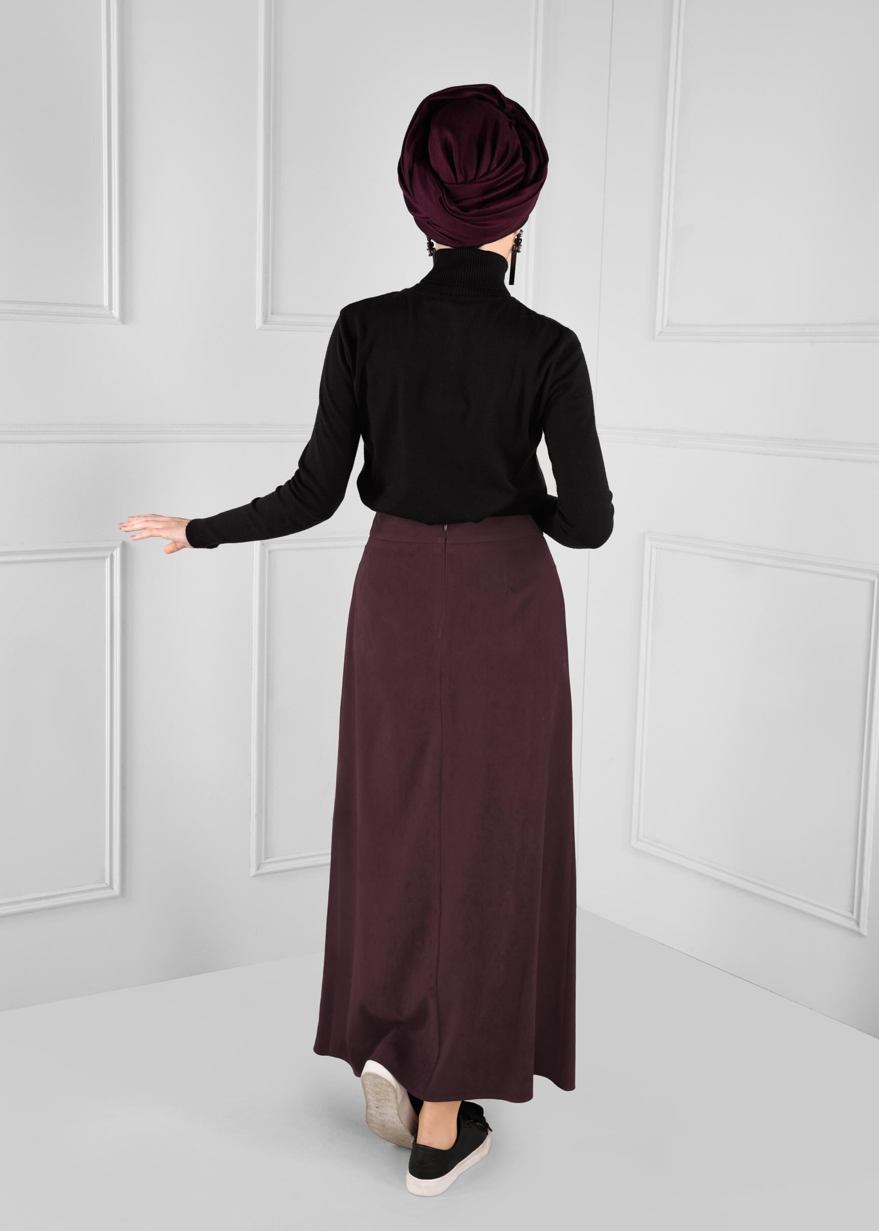 Tesettür giyim BORDO ZIMBA DETAYLI KLOŞ SÜET ETEK 6134