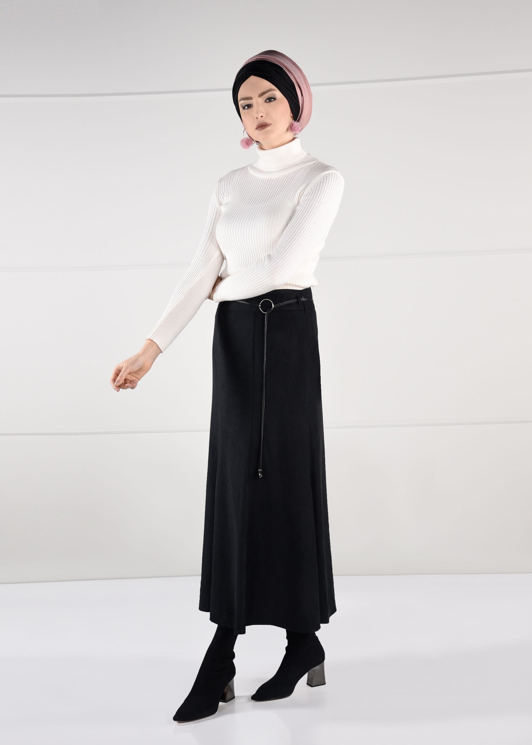 Tesettür giyim SİYAH YÜKSEK BEL SÜET ETEK 6135 