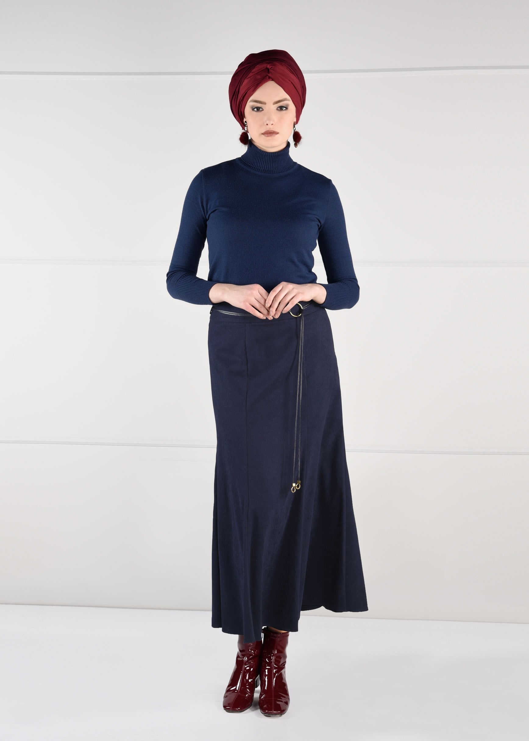 Tesettür giyim LACİVERT YÜKSEK BEL SÜET ETEK 6135 