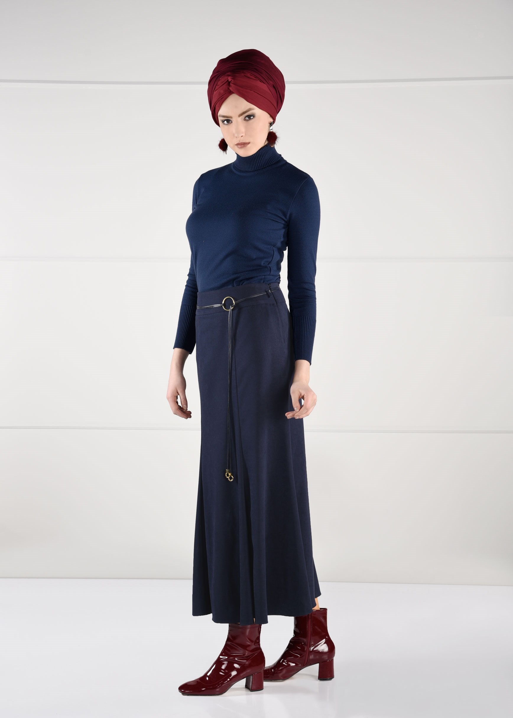 Tesettür giyim LACİVERT YÜKSEK BEL SÜET ETEK 6135 