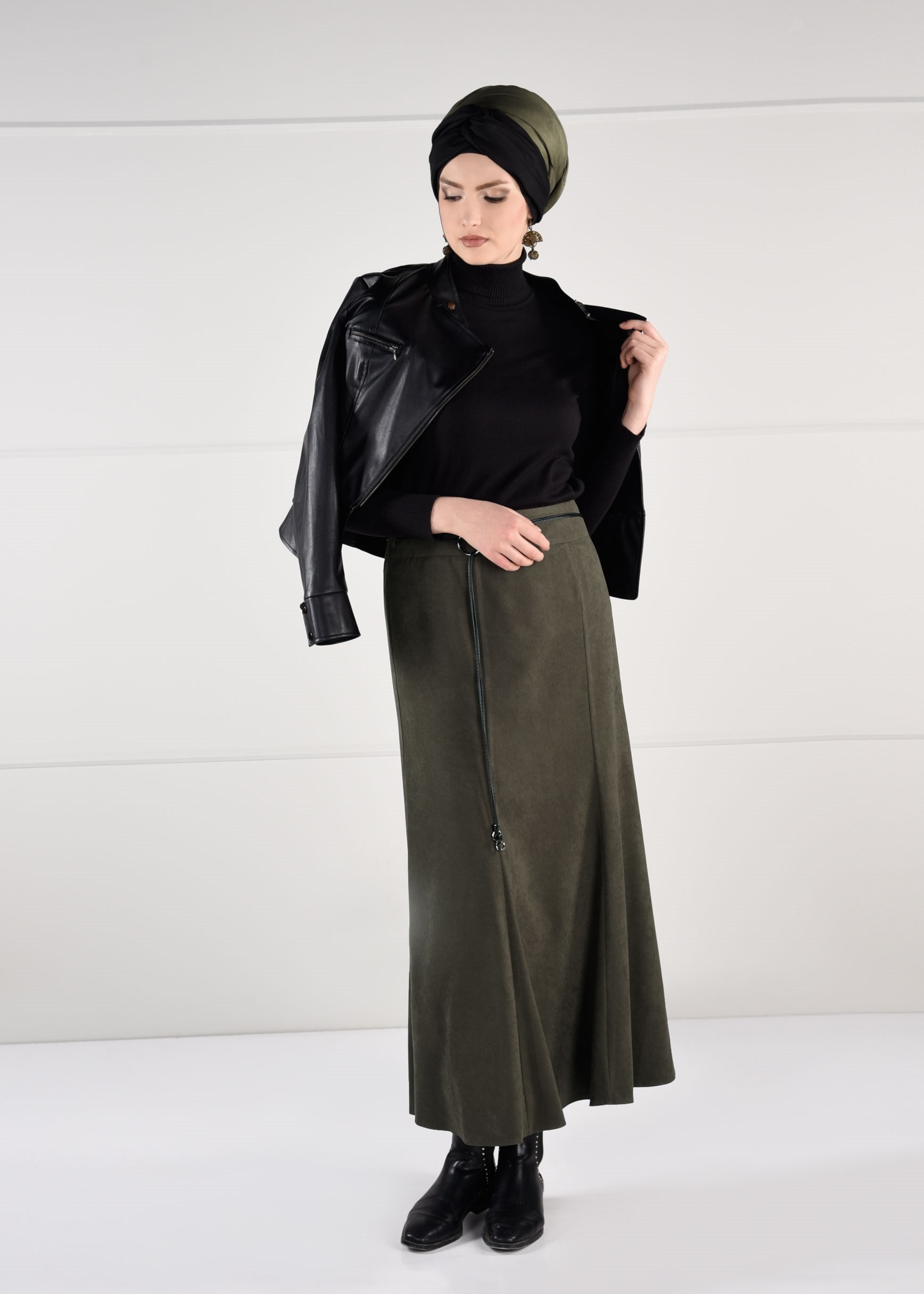 Tesettür giyim HAKİ YÜKSEK BEL SÜET ETEK 6135 