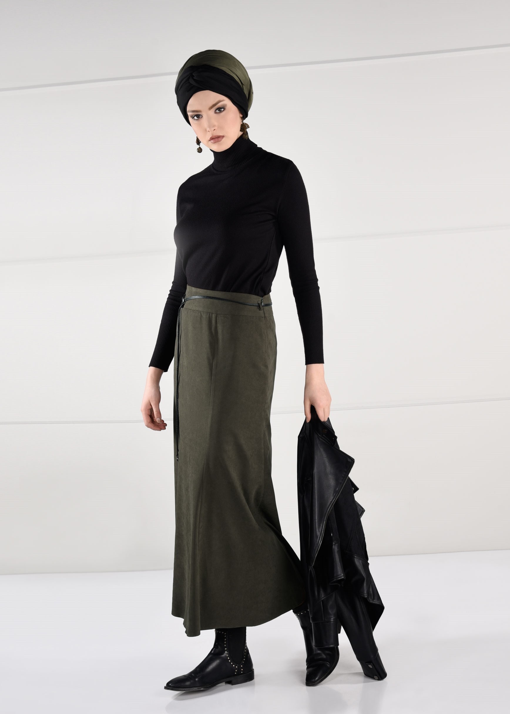 Tesettür giyim HAKİ YÜKSEK BEL SÜET ETEK 6135 