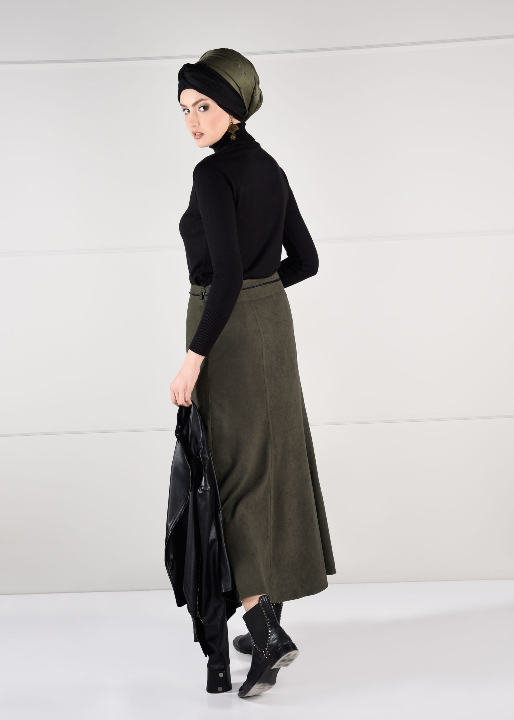 Tesettür giyim HAKİ YÜKSEK BEL SÜET ETEK 6135 