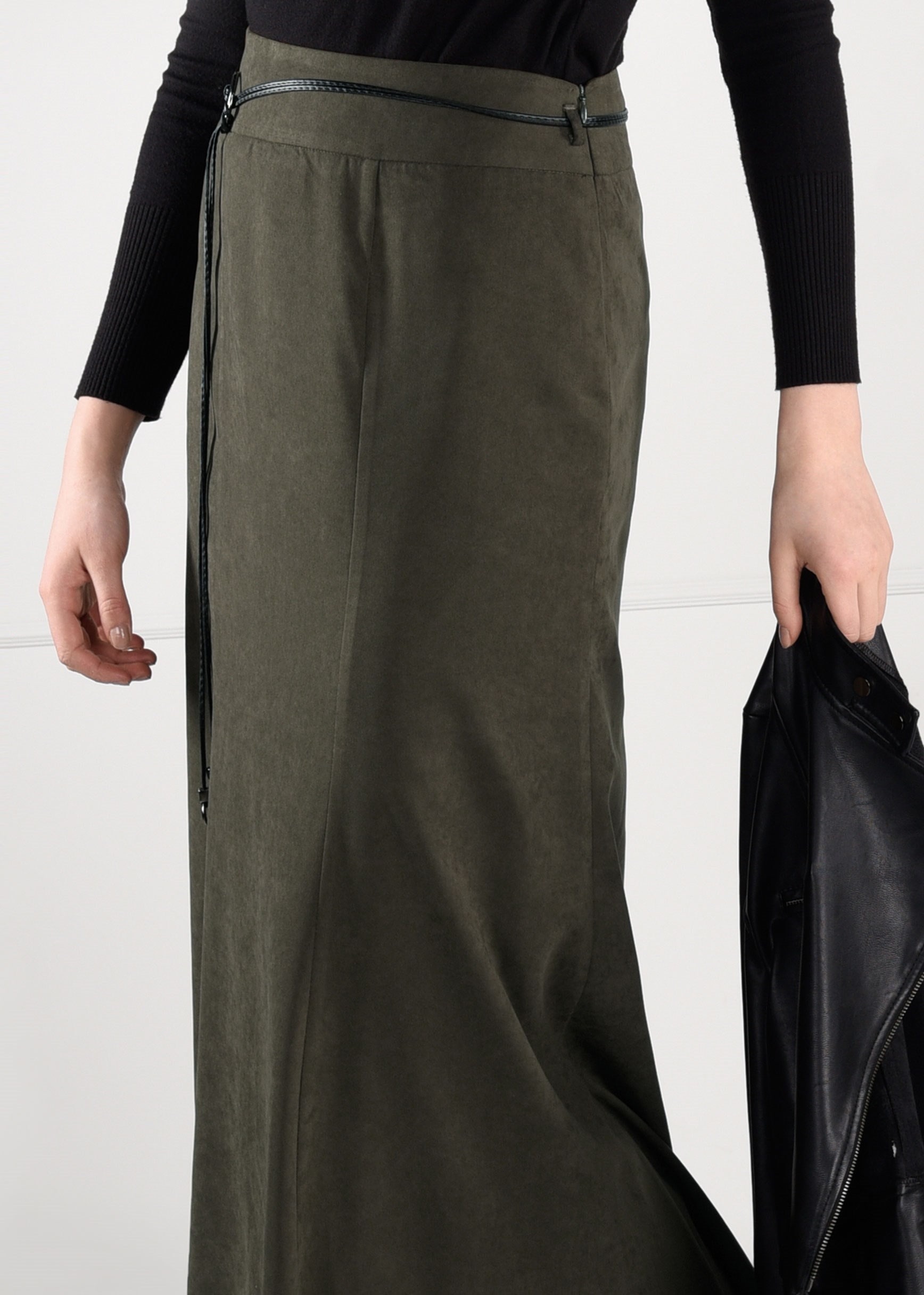 Tesettür giyim HAKİ YÜKSEK BEL SÜET ETEK 6135 