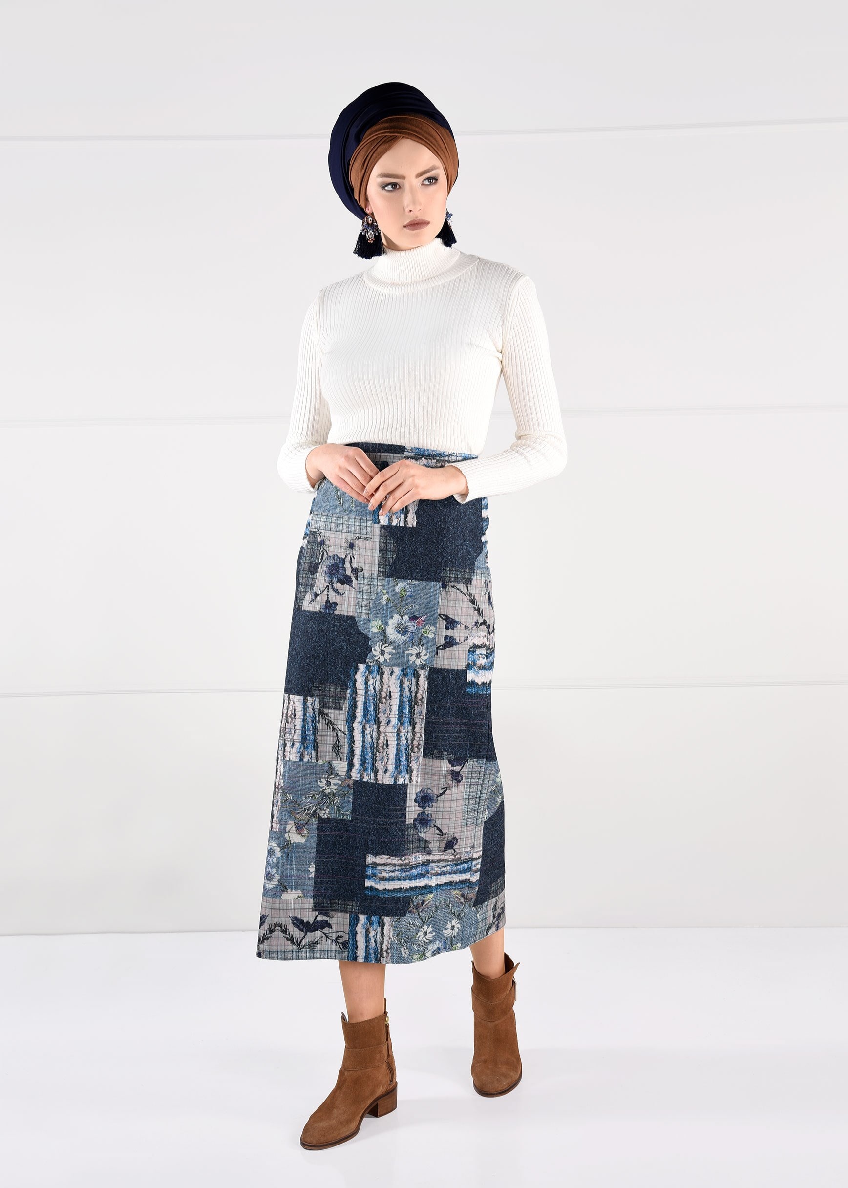 Tesettür giyim LACİVERT YÜKSEK BEL DESENLİ ETEK 6136