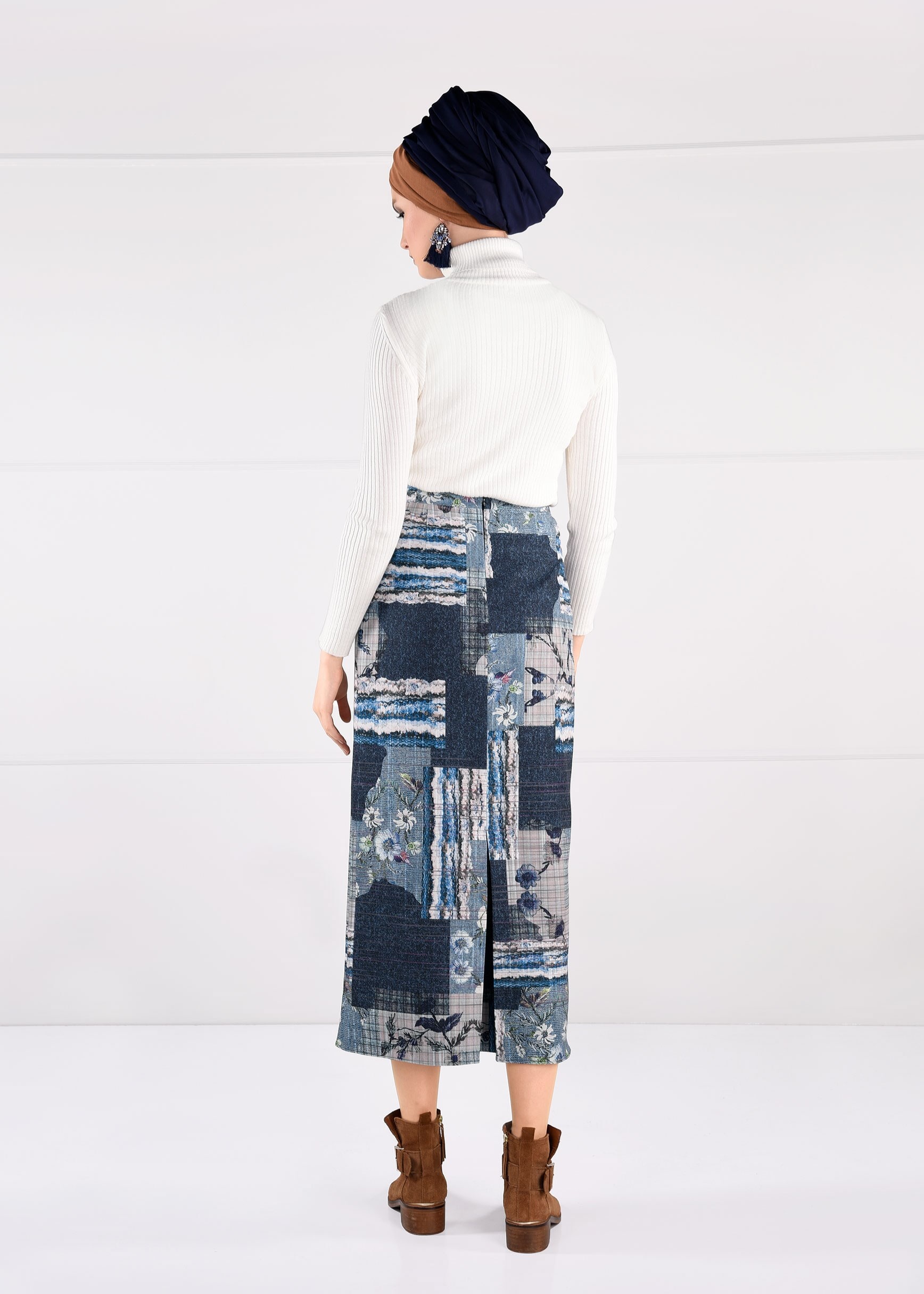 Tesettür giyim LACİVERT YÜKSEK BEL DESENLİ ETEK 6136