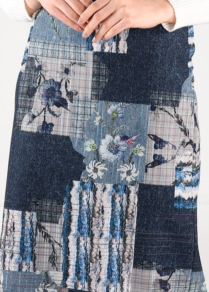 Tesettür giyim LACİVERT YÜKSEK BEL DESENLİ ETEK 6136