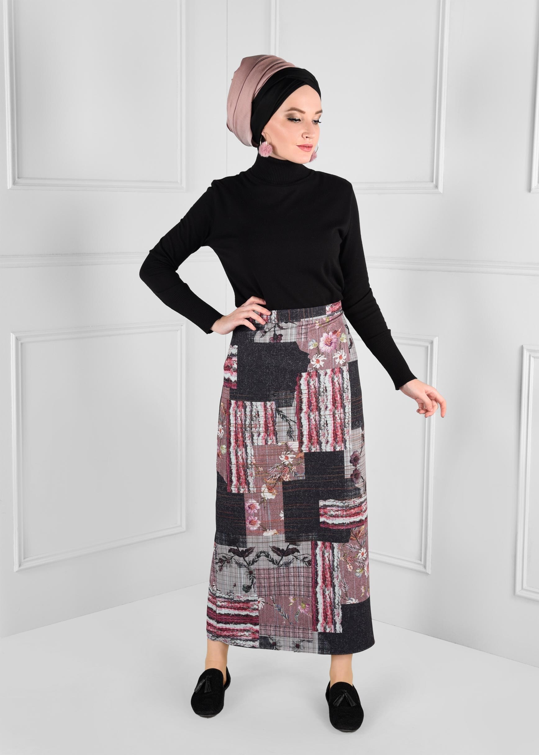 Tesettür giyim MÜRDÜM YÜKSEK BEL DESENLİ ETEK 6136
