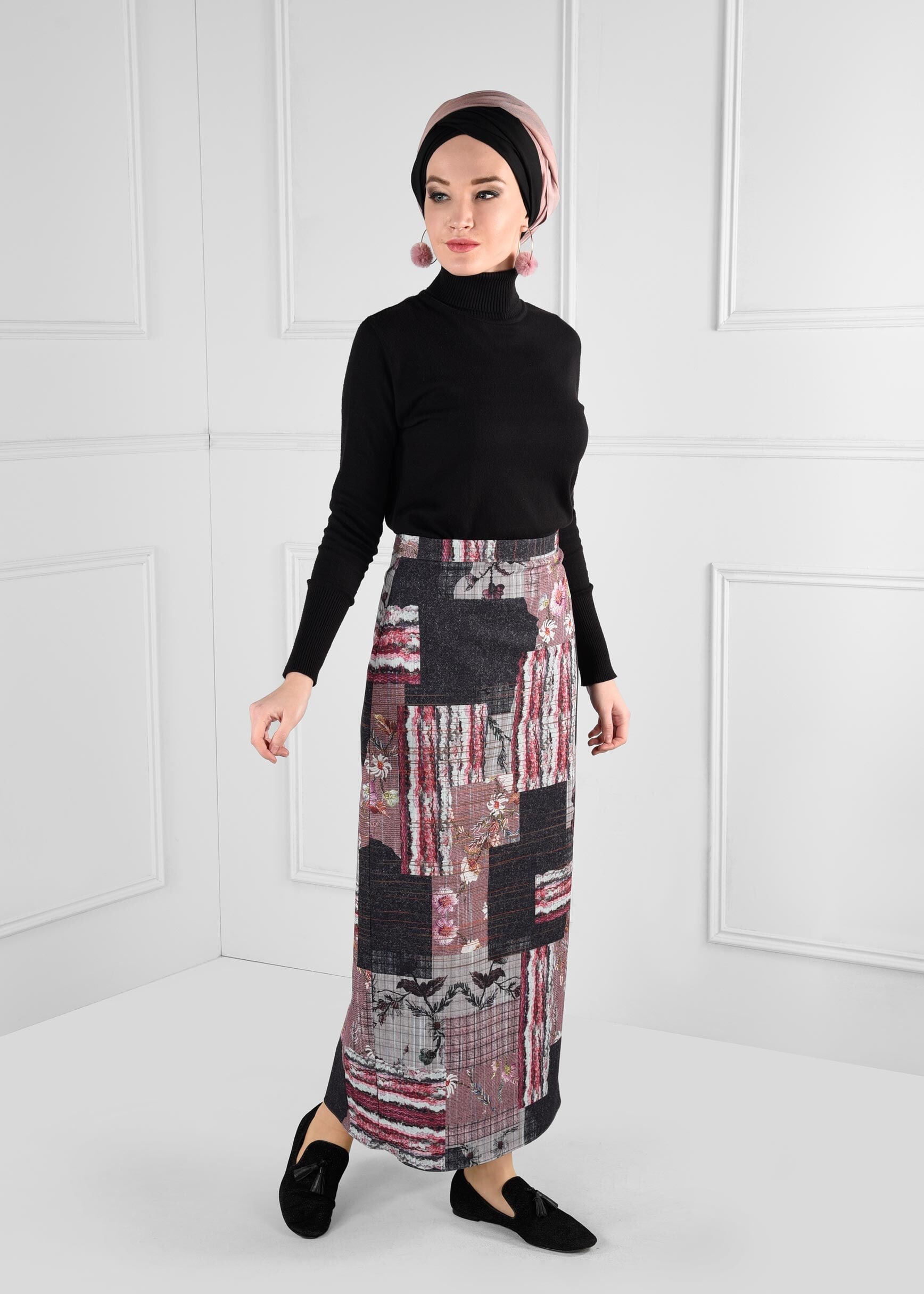 Tesettür giyim MÜRDÜM YÜKSEK BEL DESENLİ ETEK 6136