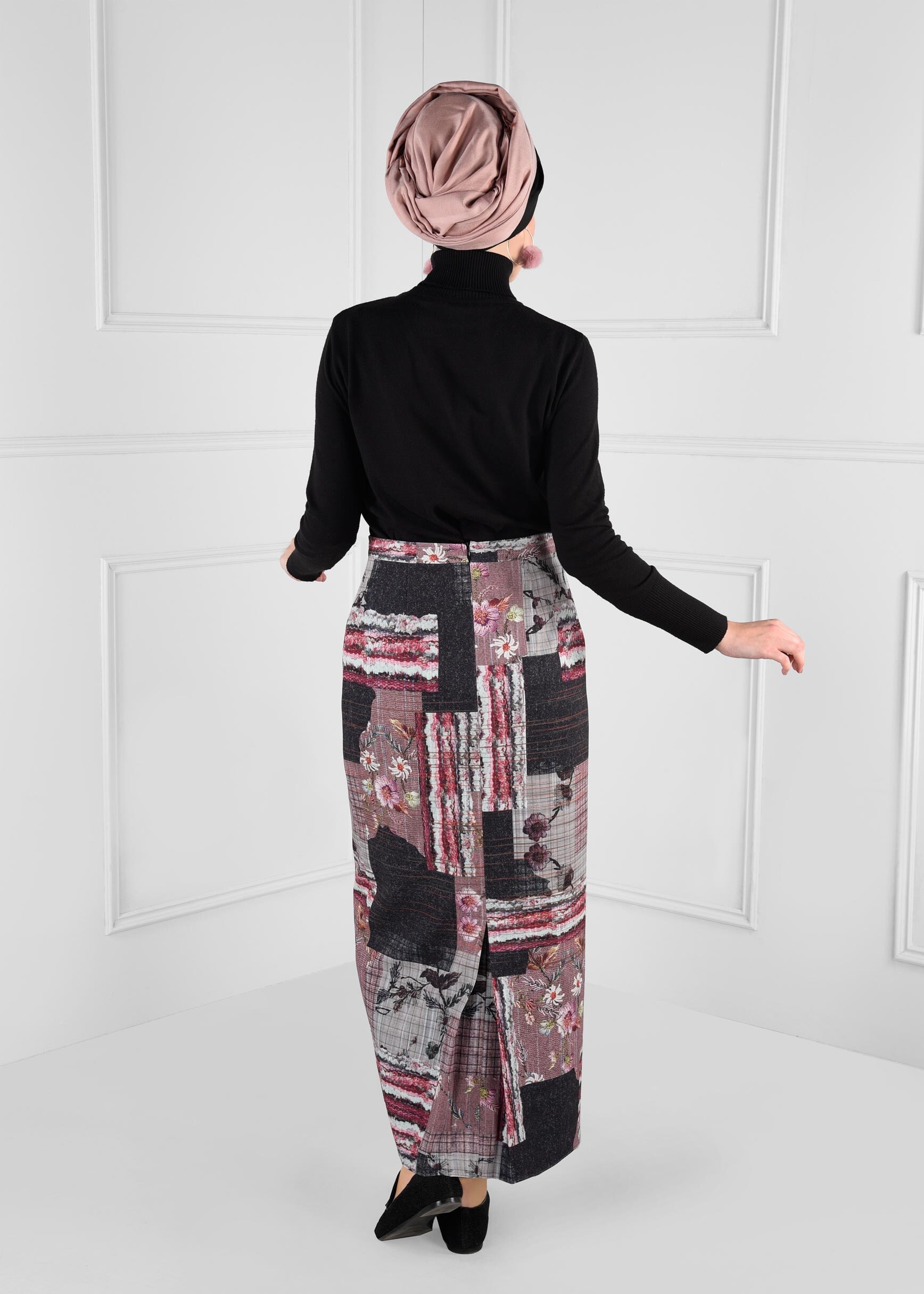 Tesettür giyim MÜRDÜM YÜKSEK BEL DESENLİ ETEK 6136