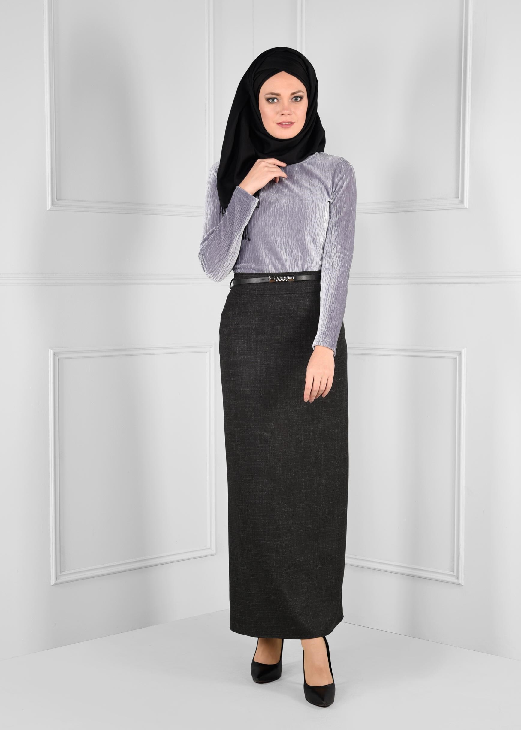 Tesettür giyim SİYAH KEMERLİ DÜZ KESİM YÜKSEK BEL ETEK 6138
