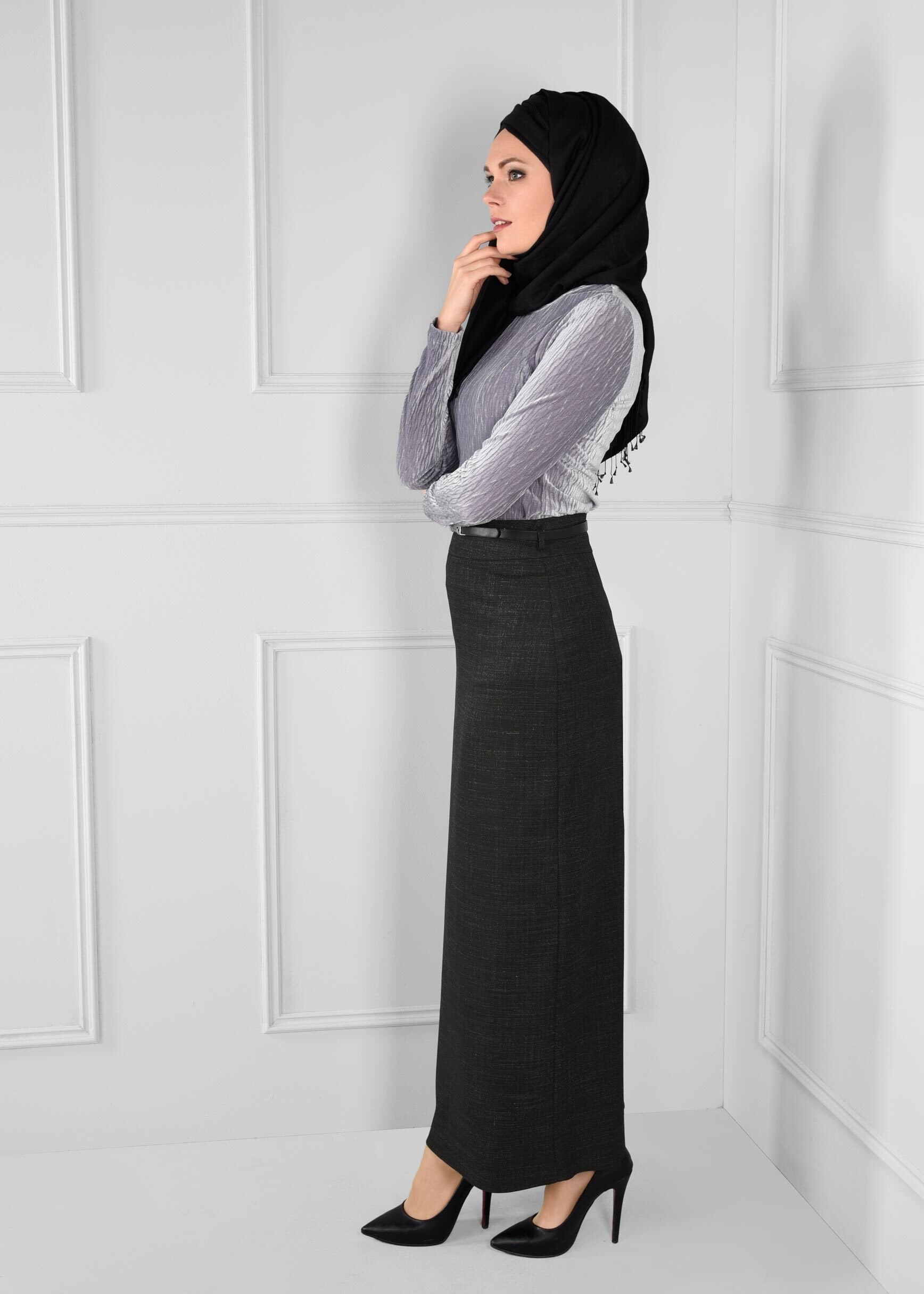 Tesettür giyim SİYAH KEMERLİ DÜZ KESİM YÜKSEK BEL ETEK 6138