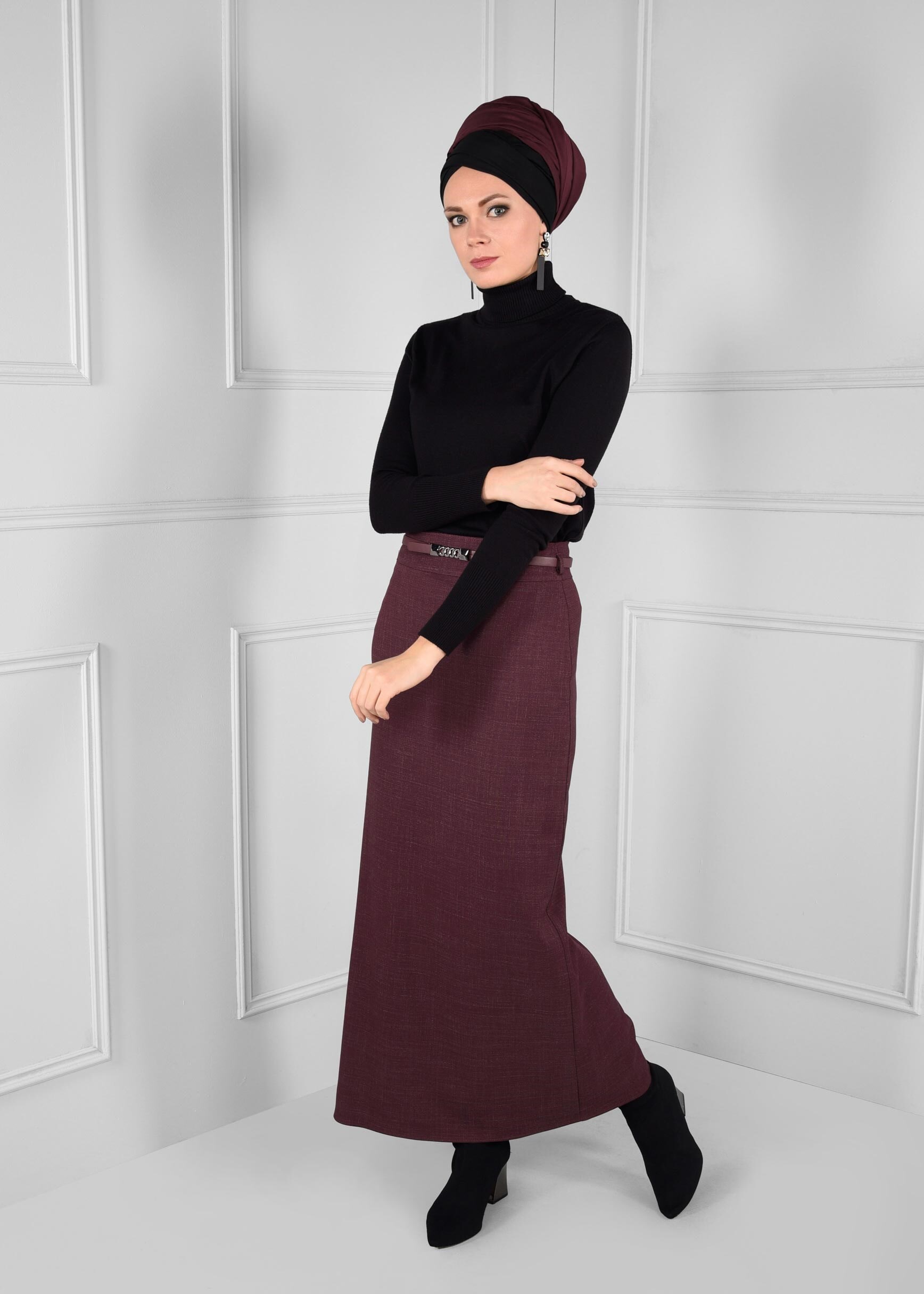 Tesettür giyim KIRMIZI KEMERLİ DÜZ KESİM YÜKSEK BEL ETEK 6138