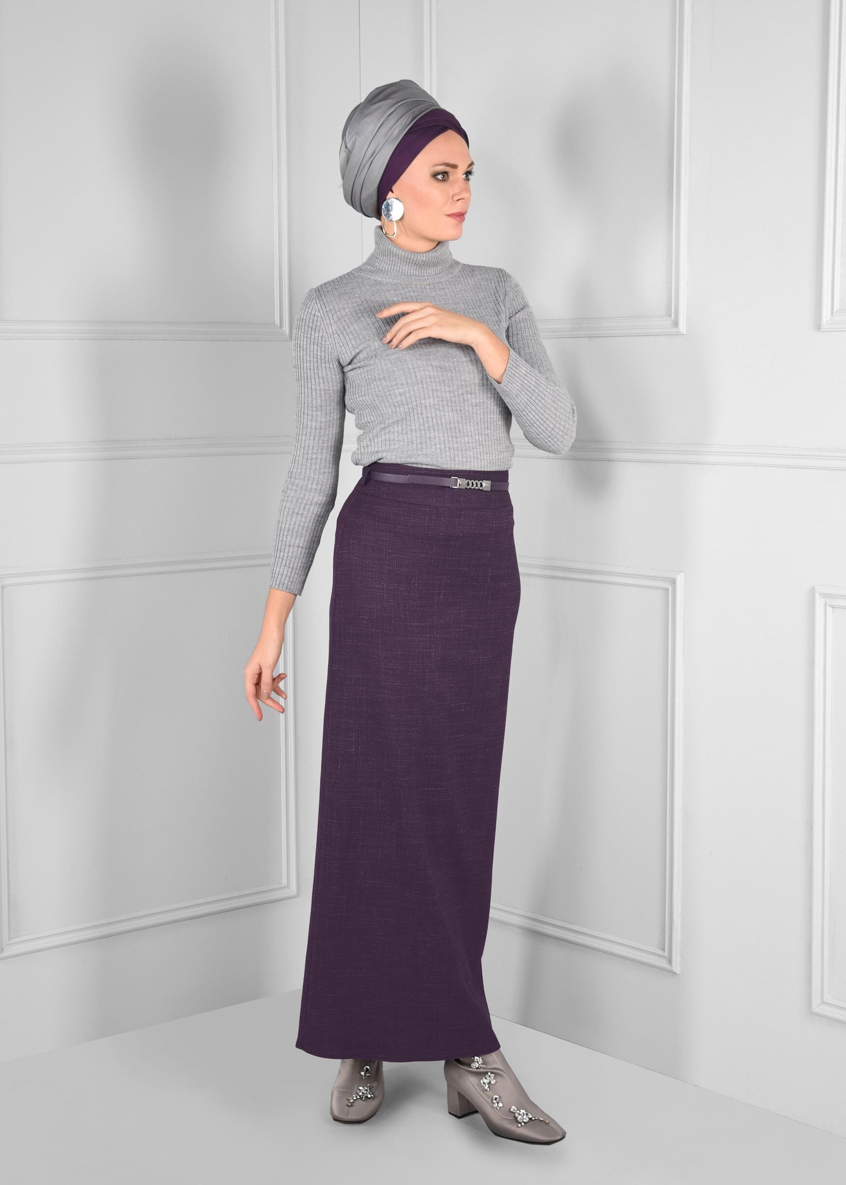 Tesettür giyim MOR KEMERLİ DÜZ KESİM YÜKSEK BEL ETEK 6138