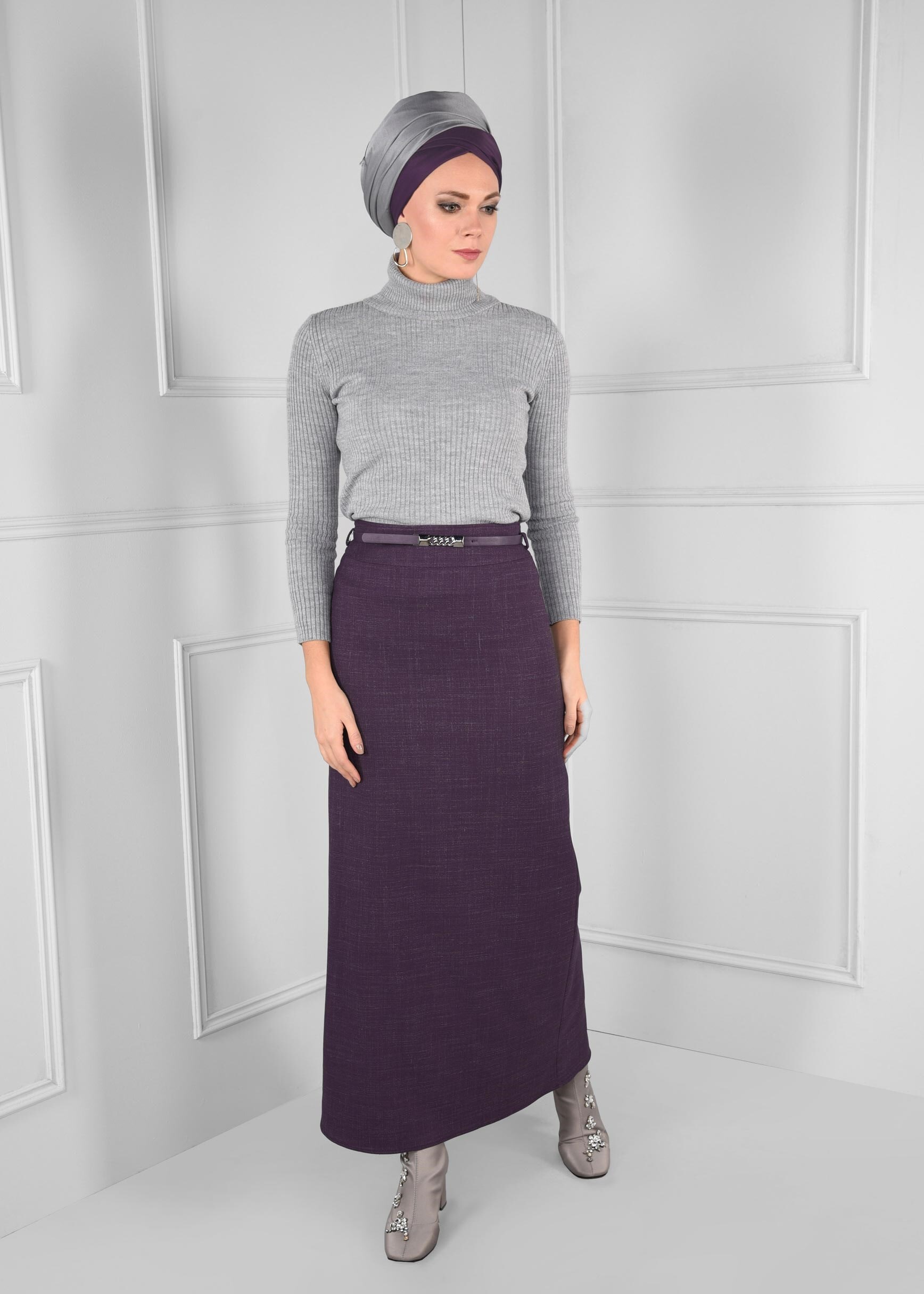 Tesettür giyim MOR KEMERLİ DÜZ KESİM YÜKSEK BEL ETEK 6138