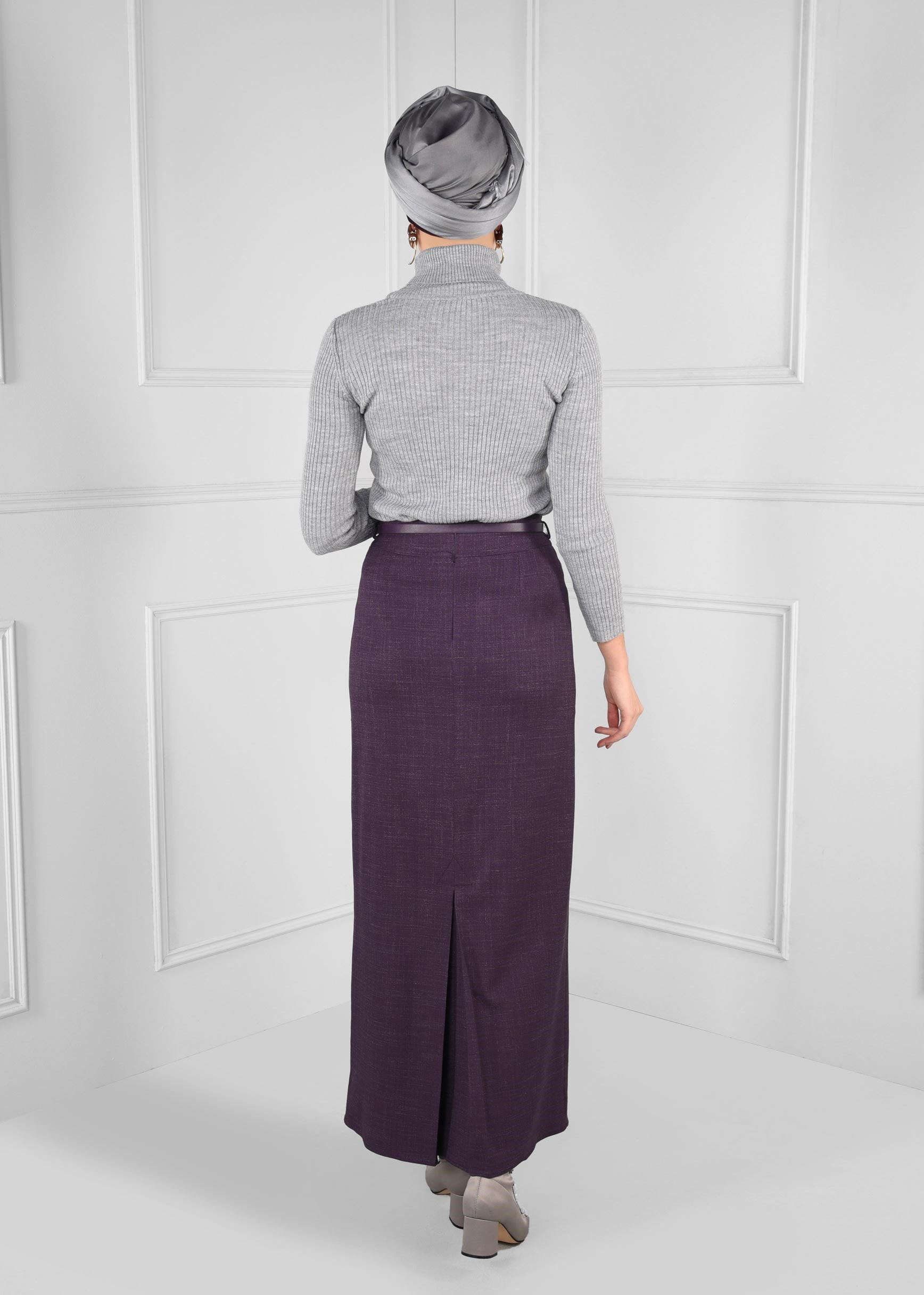 Tesettür giyim MOR KEMERLİ DÜZ KESİM YÜKSEK BEL ETEK 6138